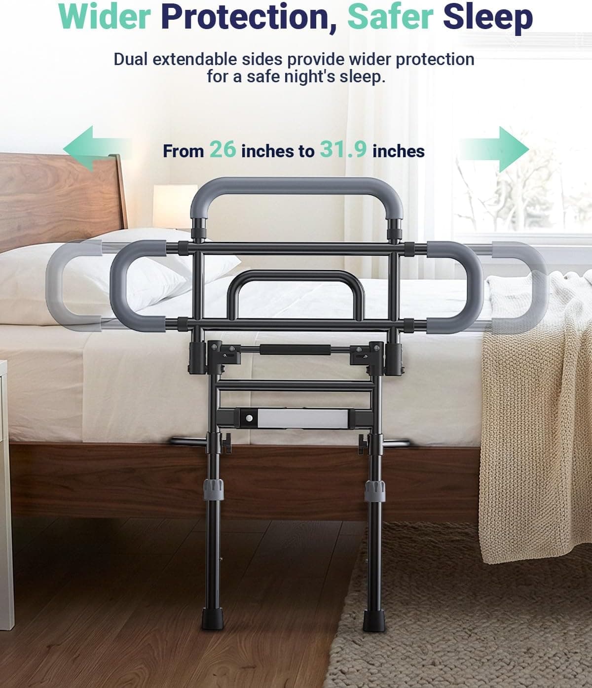 Folding Bed Rail for Elderly Adults, One-Hand Fold, Safety Handle