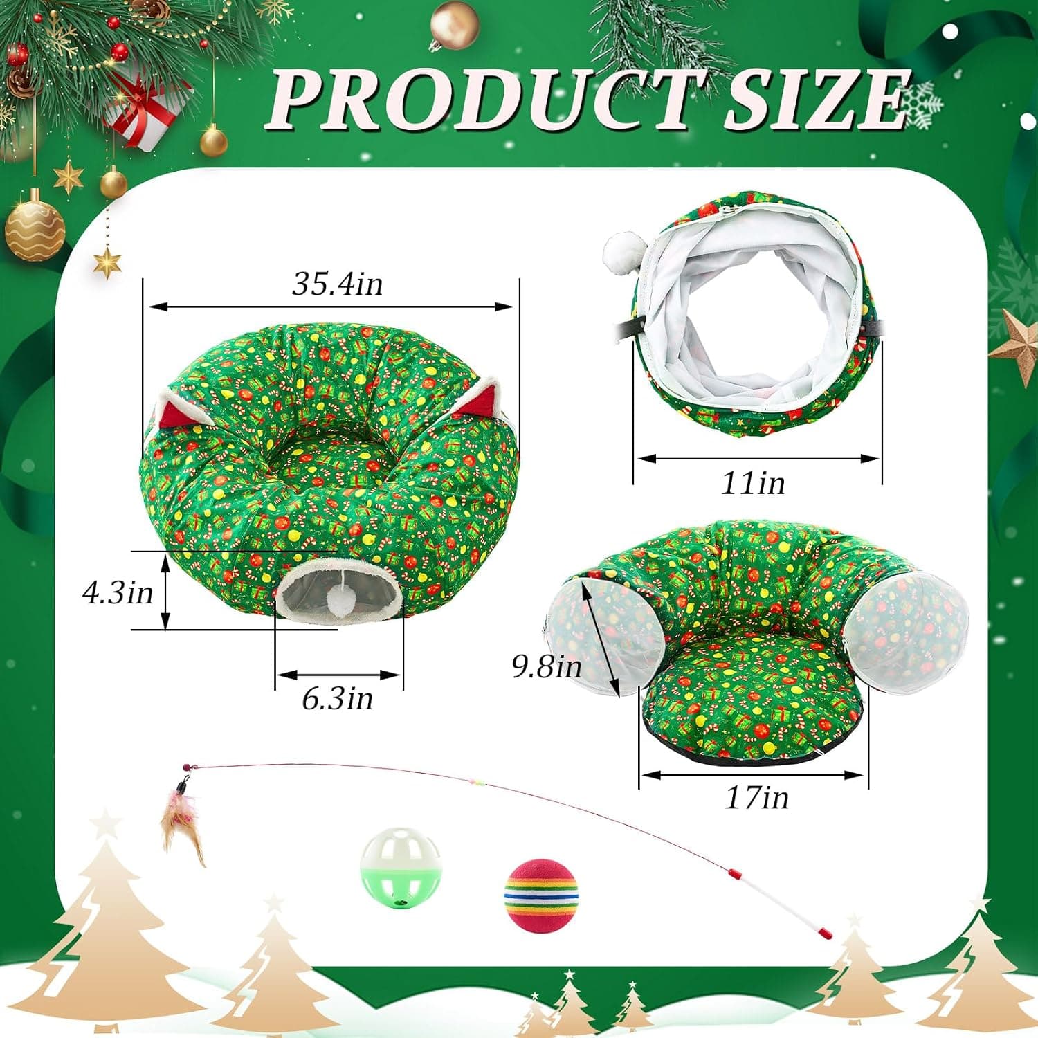 Christmas Tree Skirt Cat Tunnel Bed with Toy Ball