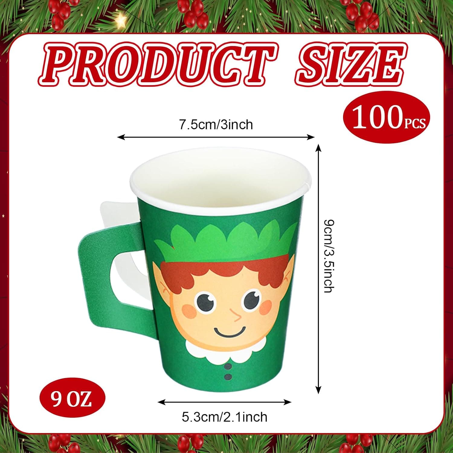 100 Pcs Christmas Paper Coffee Cups with Handles, Elf Design