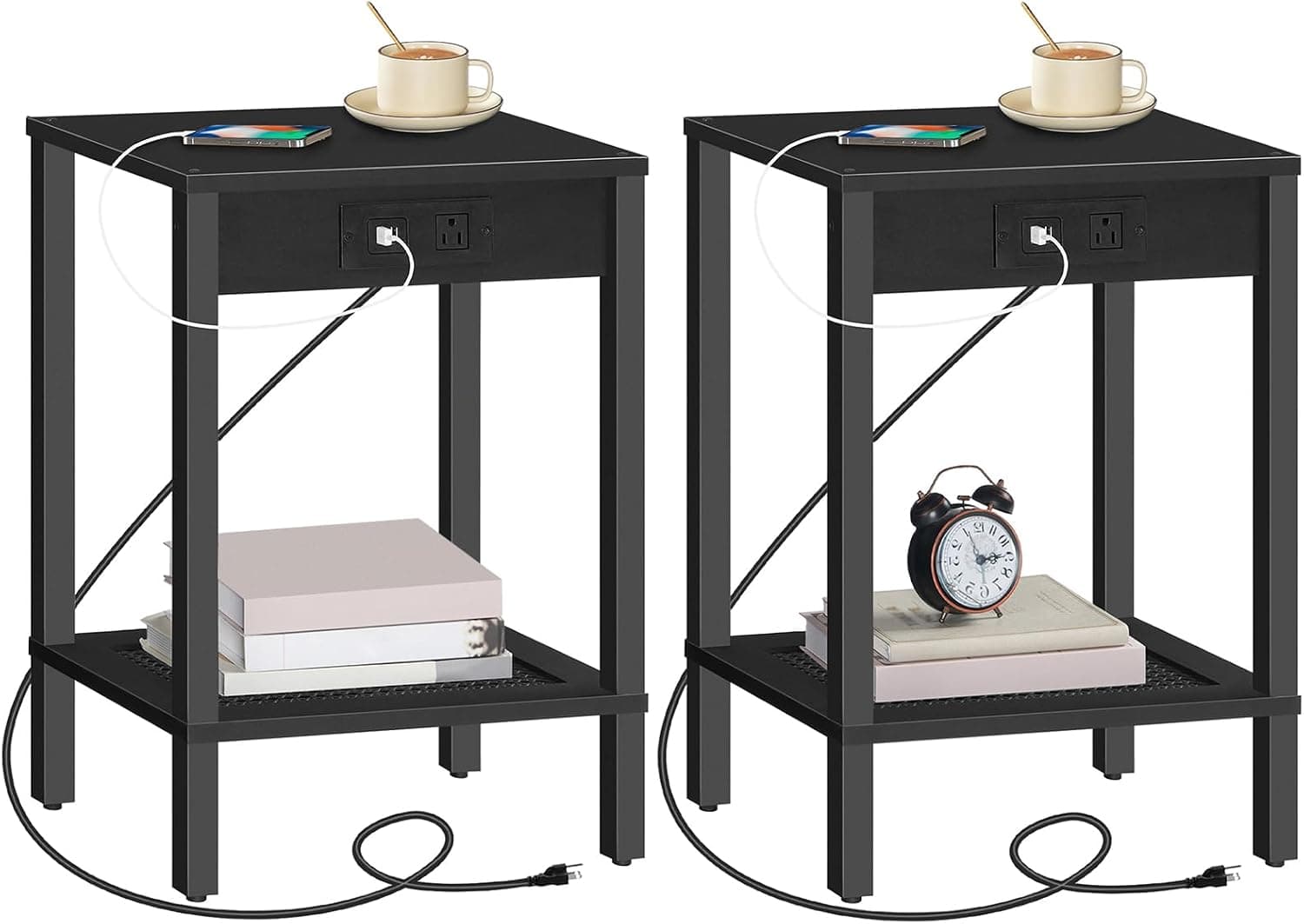 2-Tier Side Tables Set of 2 with Charging Station, AC Outlet & USB, Black