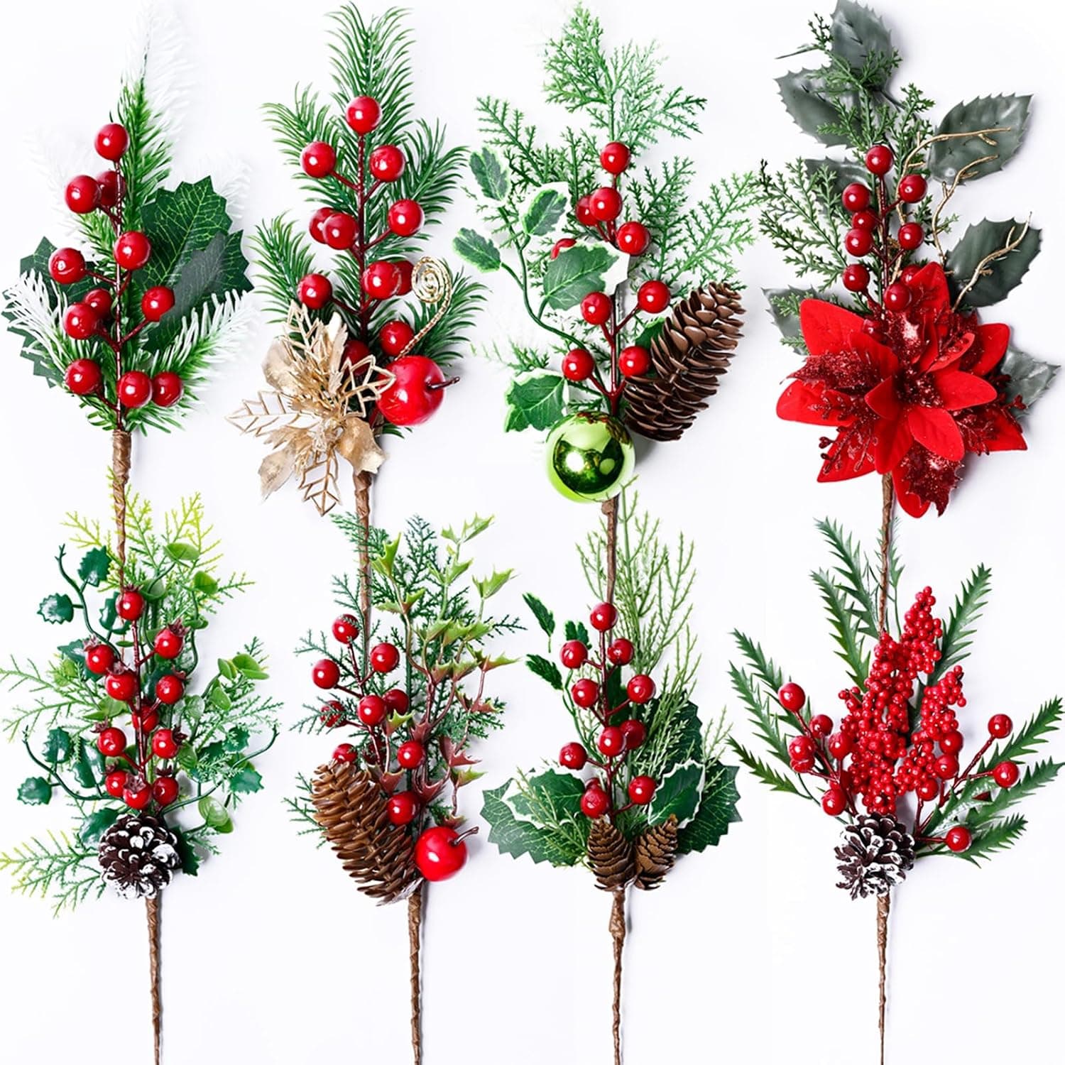 8 Pcs Artificial Christmas Pine Picks with Red Berries