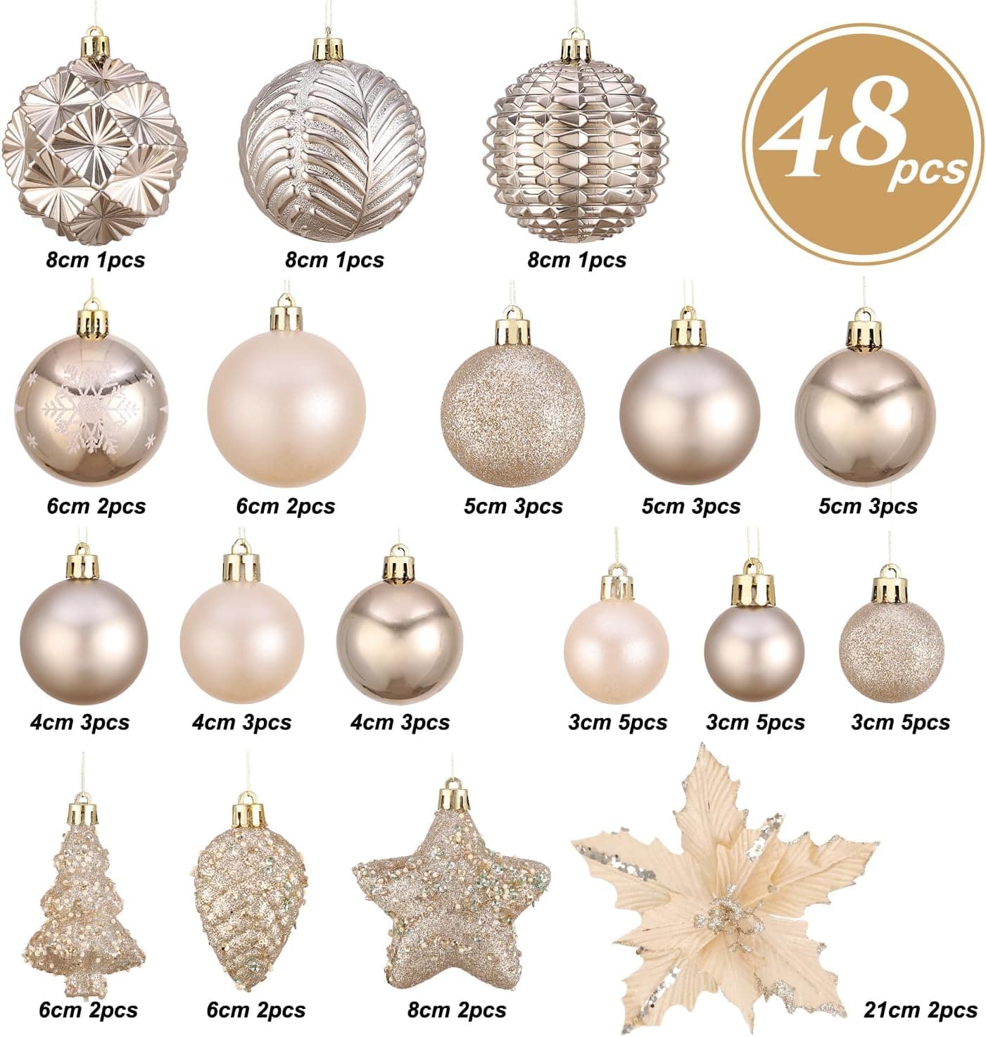 Champagne Gold Christmas Ball Ornament Set, 48 Pcs