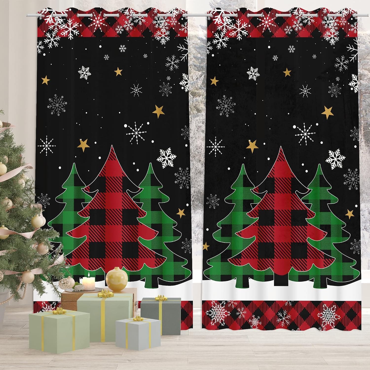 Christmas Tree Plaid Curtains, 2 Panels, 84 in Long, Black