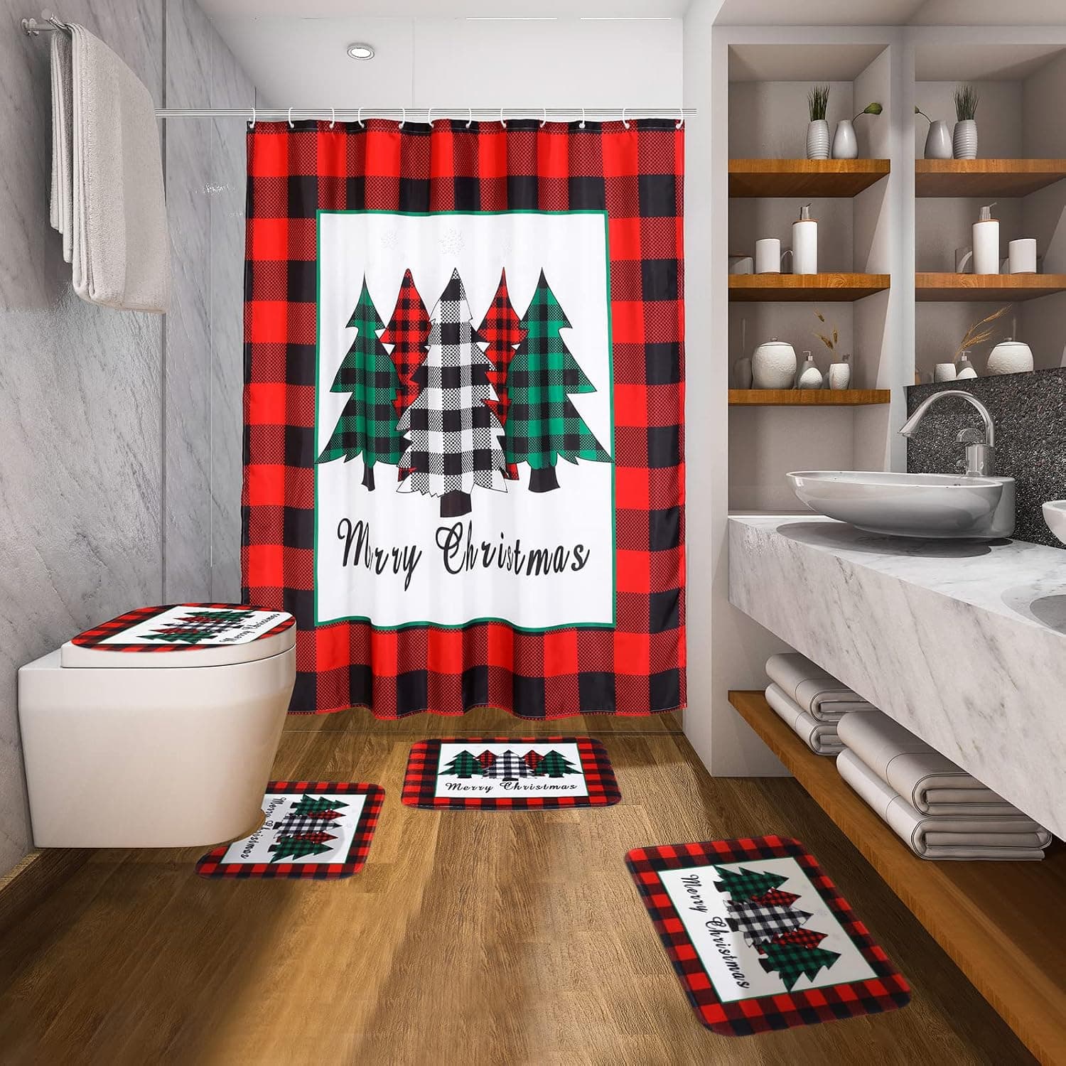 5 Pc Buffalo Plaid Christmas Shower Curtain & Bath Rug Set, Red & Black