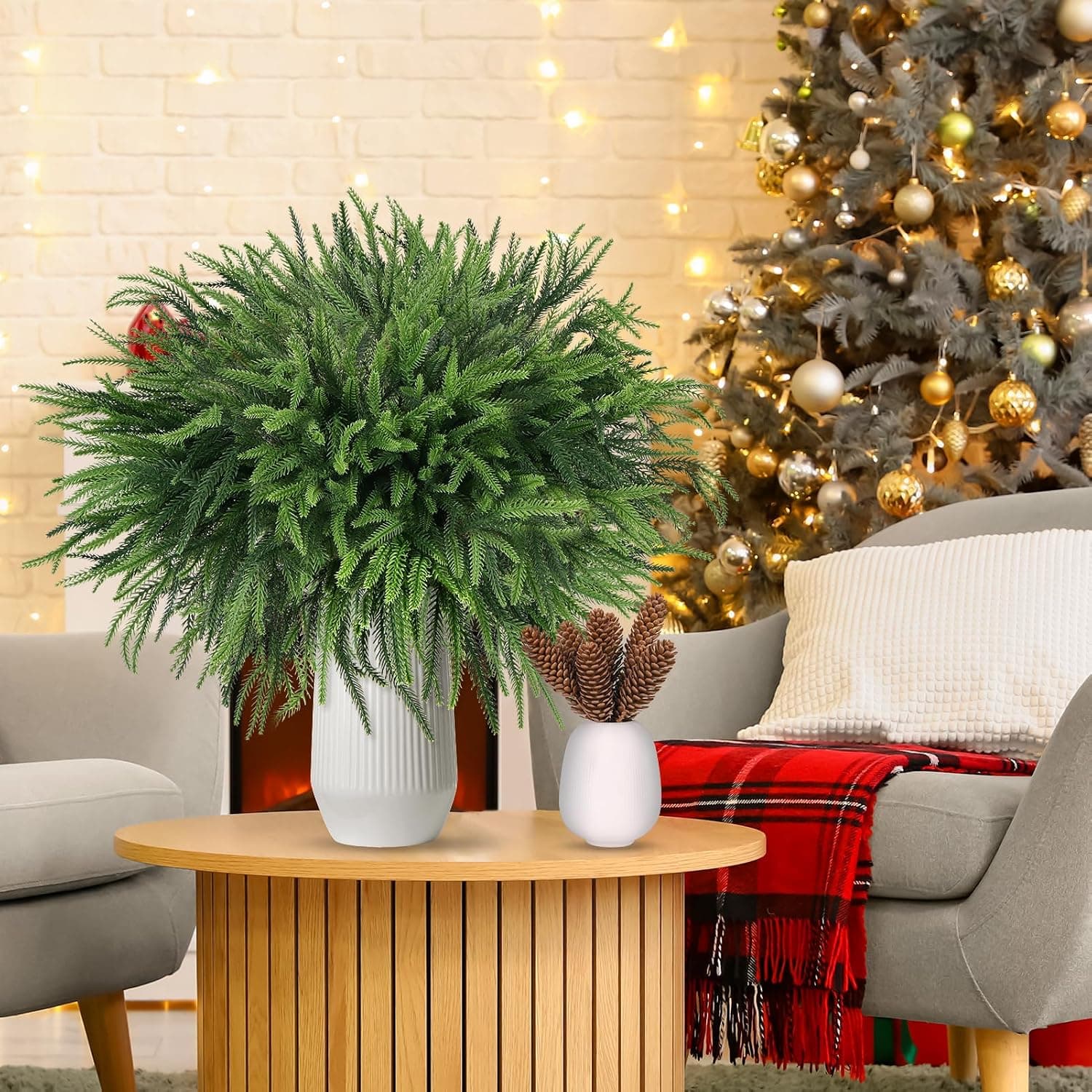 16 Pcs Artificial Norfolk Pine Branches with 10 Pine Cones