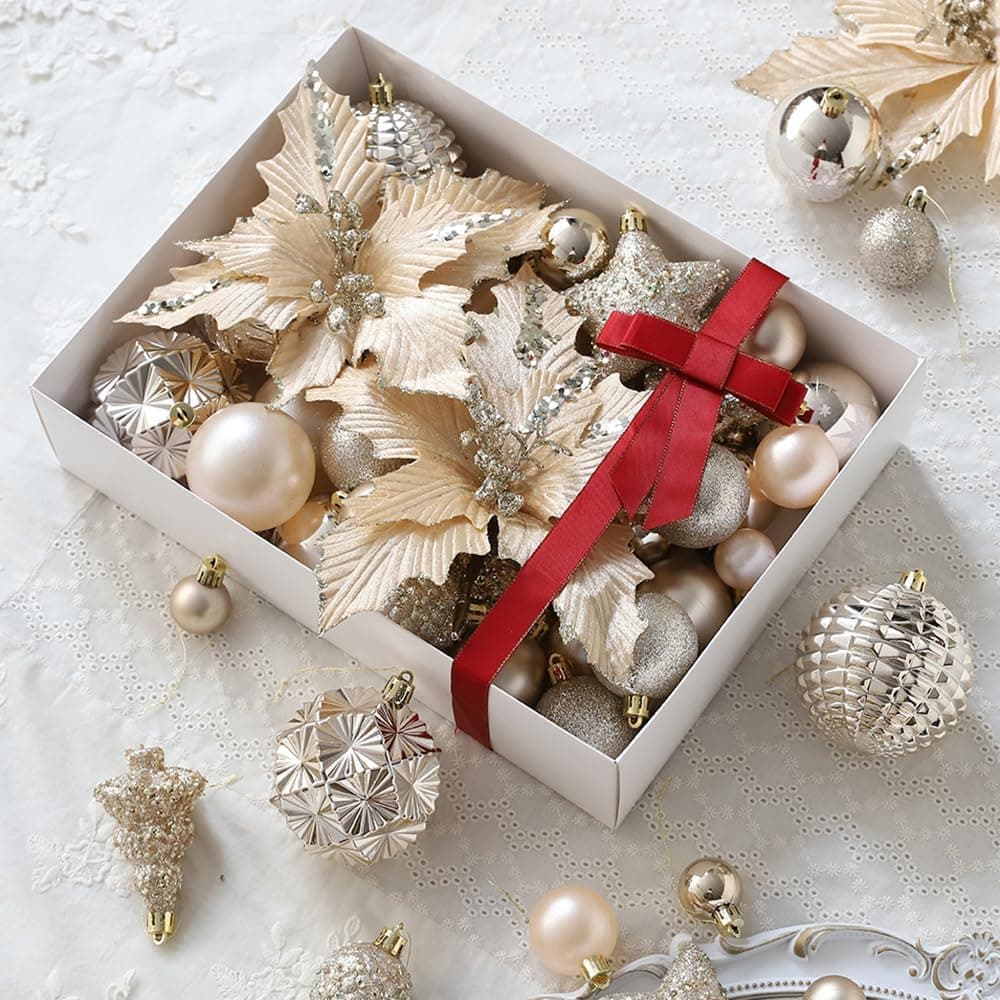 Champagne Gold Christmas Ball Ornament Set, 48 Pcs