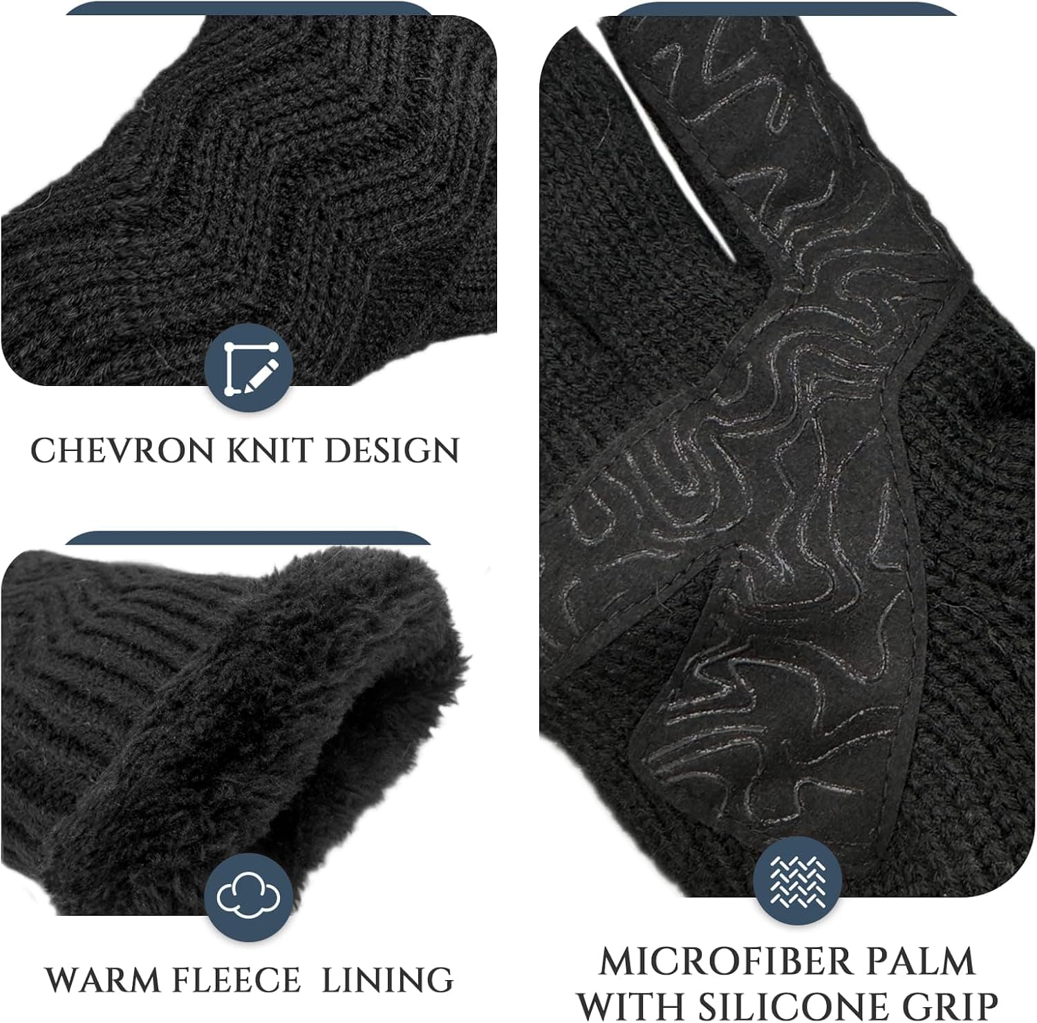 Men's Fingerless Knit Gloves, Fleece Lined, Black