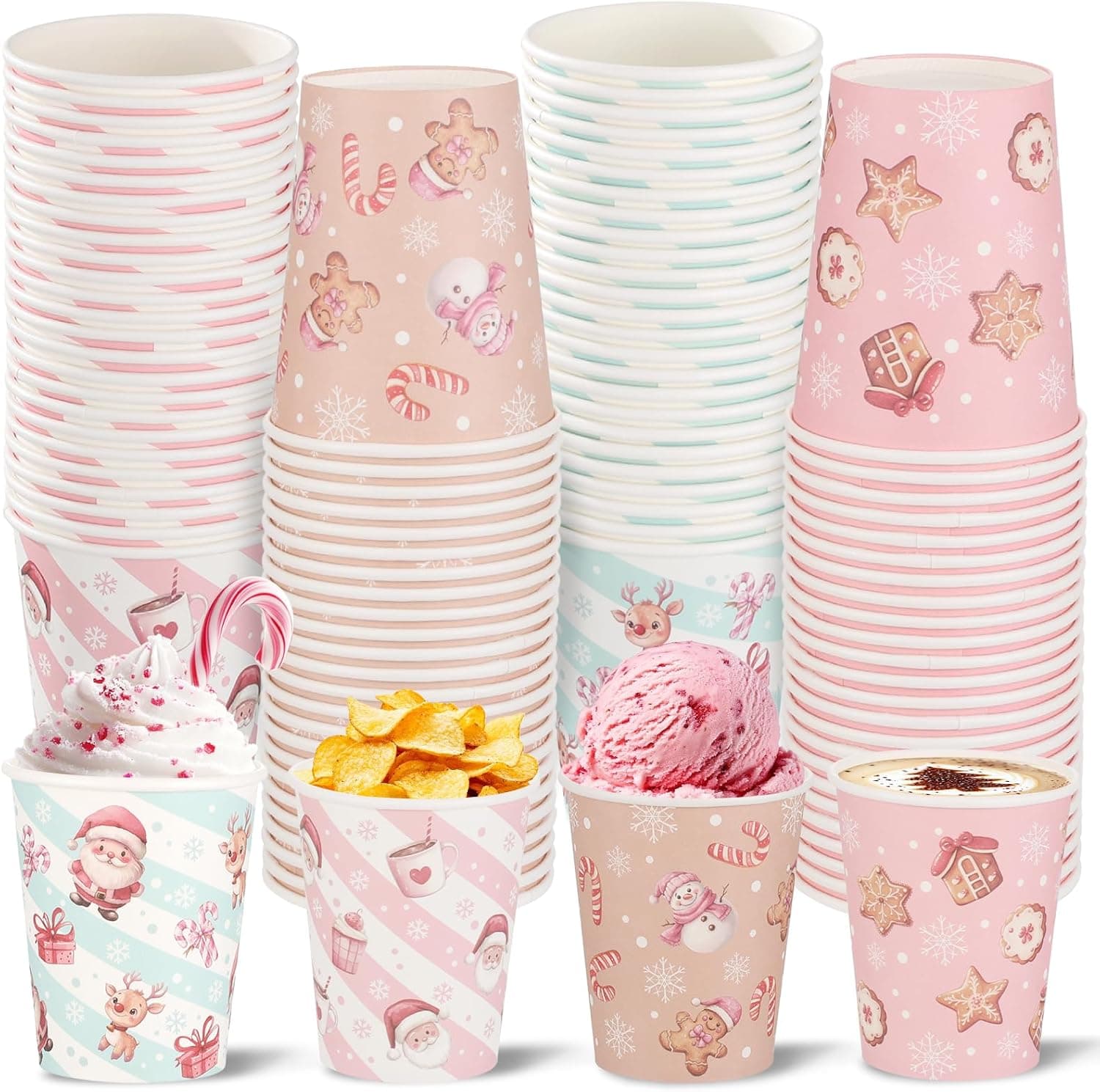 100 Pcs Pink Christmas Hot Cocoa Paper Cups, 9 oz, Snowflake Design