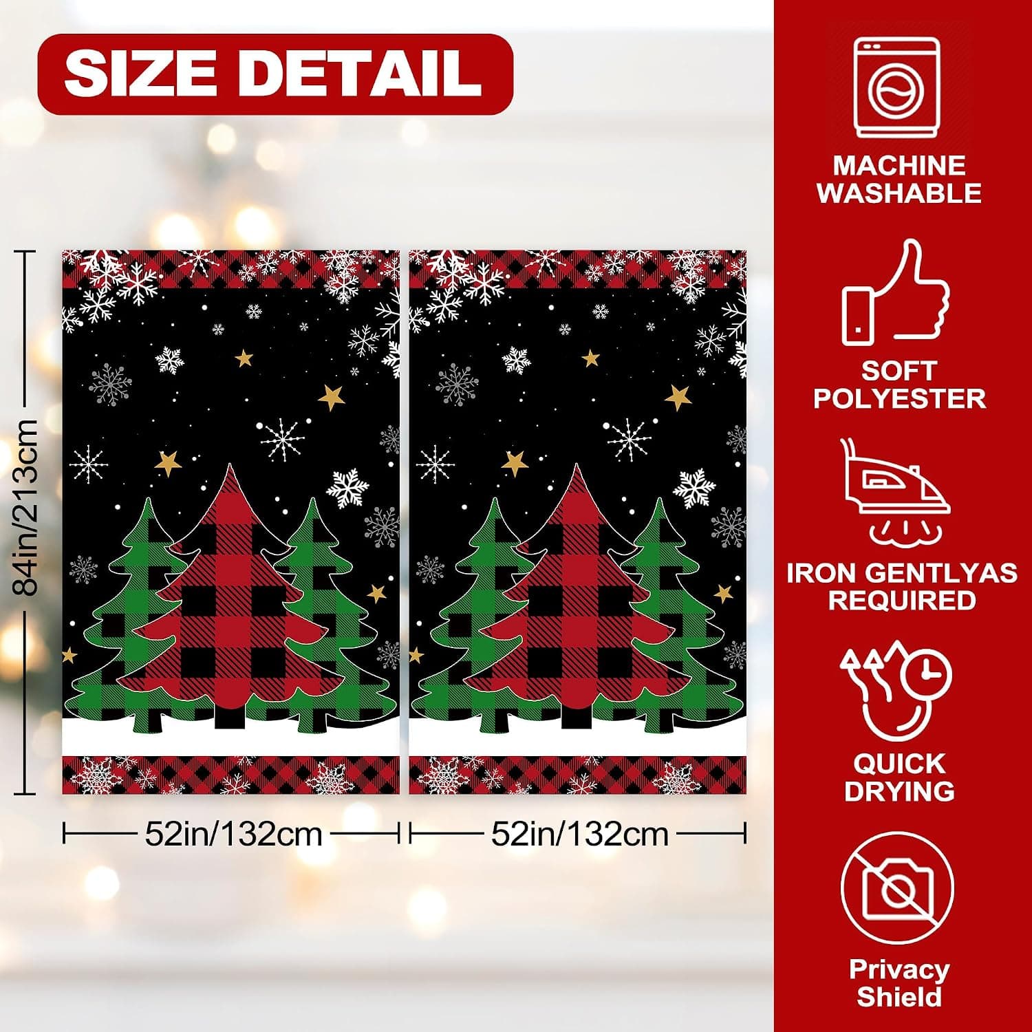 Christmas Tree Plaid Curtains, 2 Panels, 84 in Long, Black