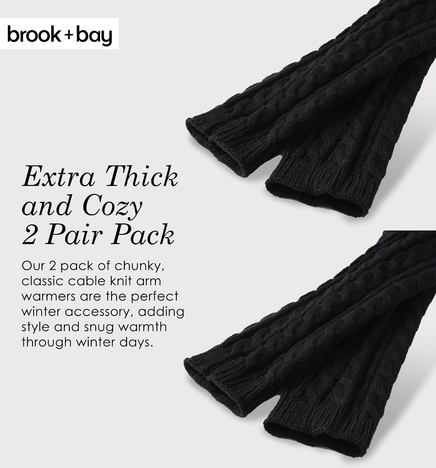 Fingerless Long Arm Warmers, Chunky Cable Knit, 2 Pair Pack, Black — photo 2