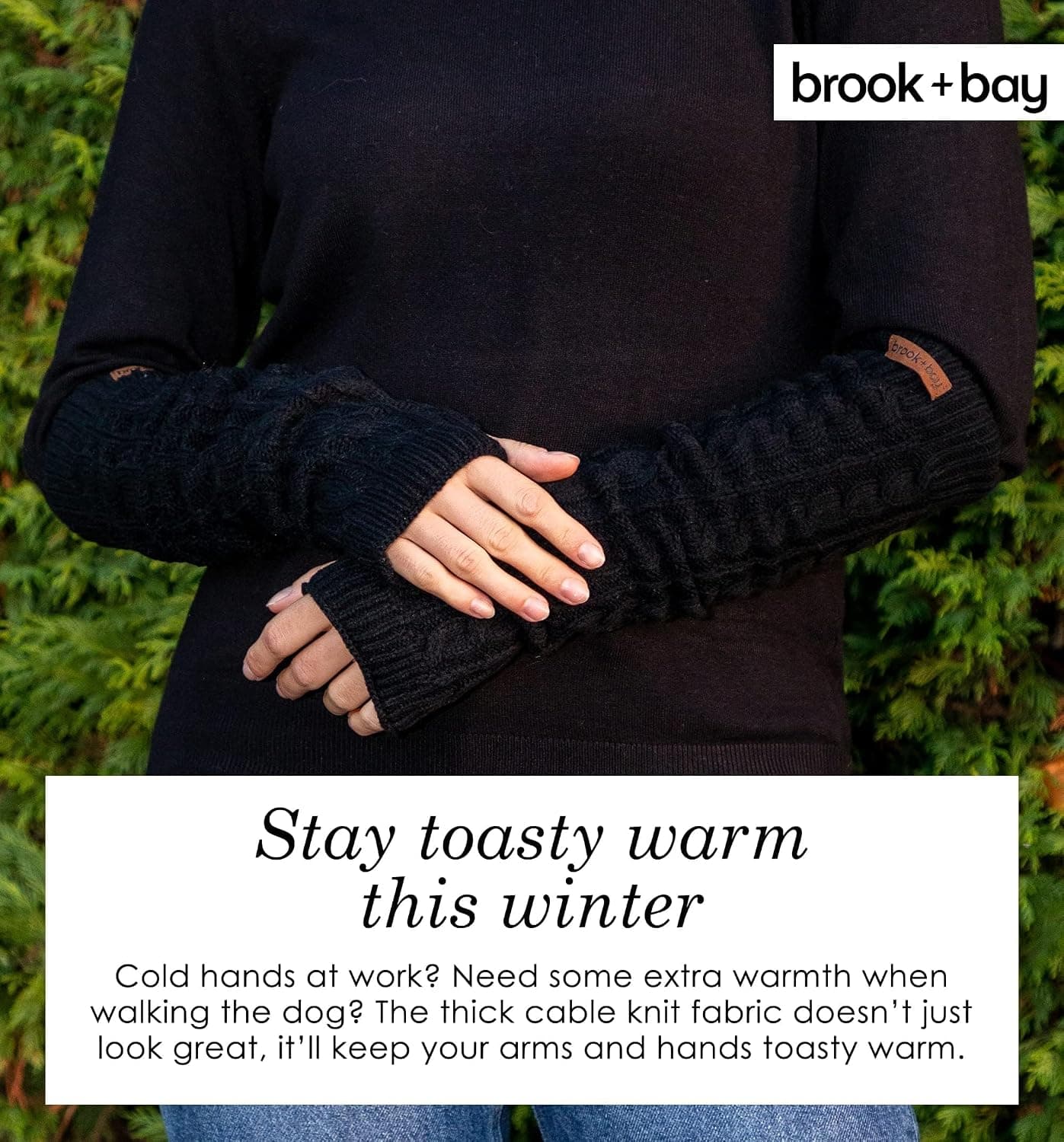 Fingerless Long Arm Warmers, Chunky Cable Knit, 2 Pair Pack, Black — photo 3