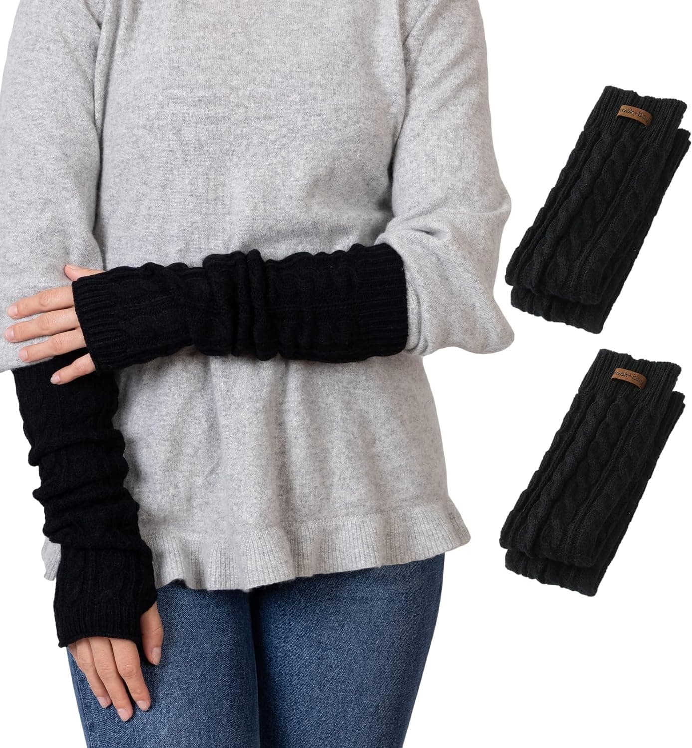 Fingerless Long Arm Warmers, Chunky Cable Knit, 2 Pair Pack, Black