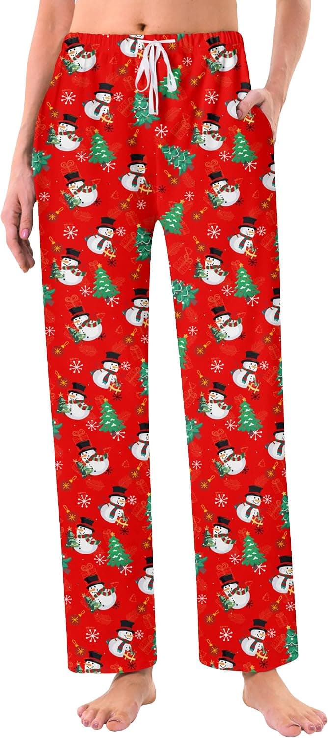 Women's Christmas Snowman Pajama Pants, Red