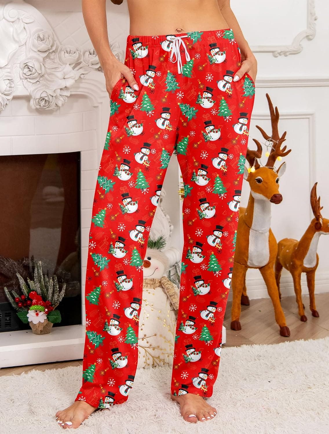 Women's Christmas Snowman Pajama Pants, Red — photo 2