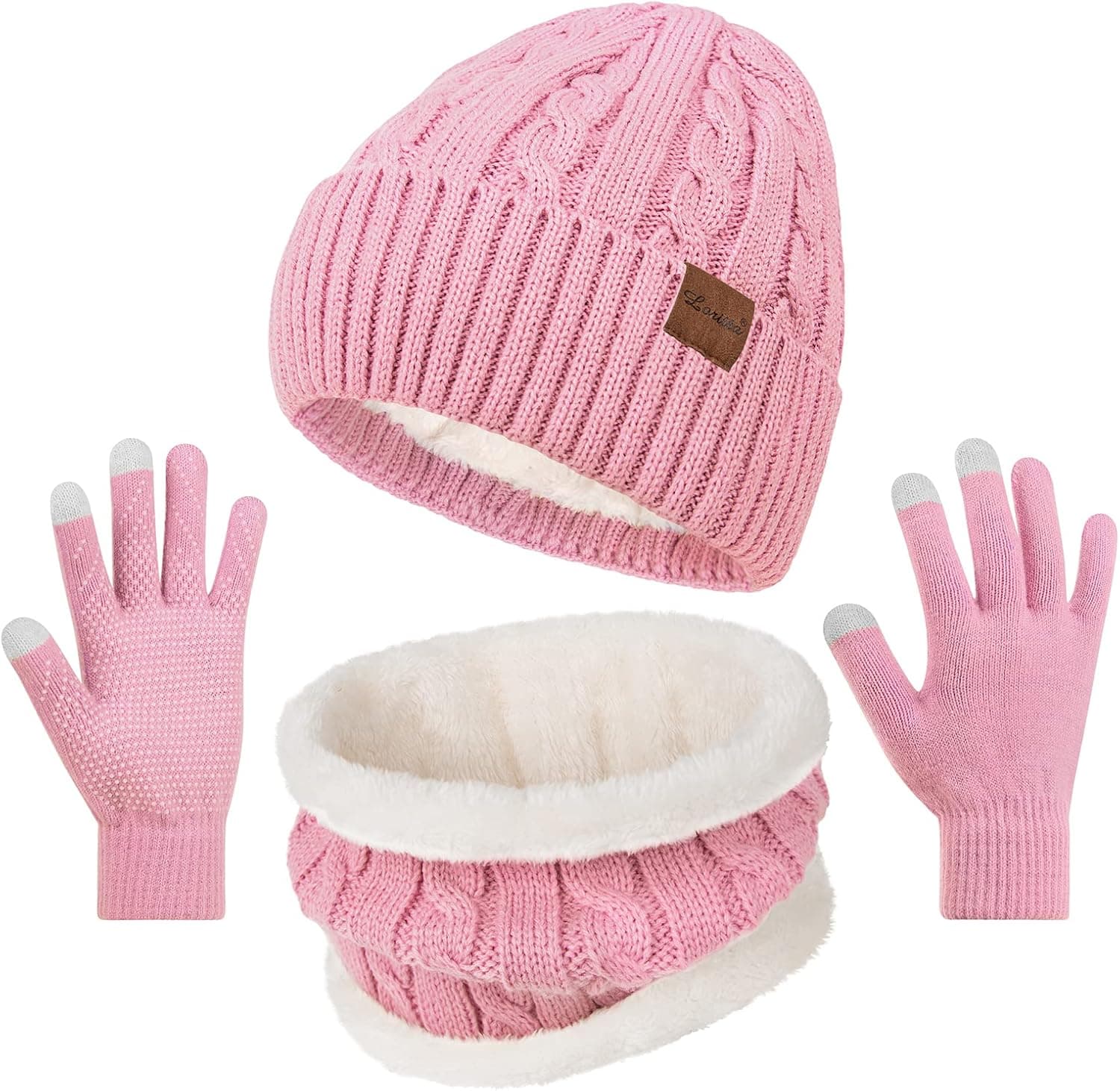 3 Pc Women's Winter Set, Beanie, Scarf & Touch Screen Gloves, Pink
