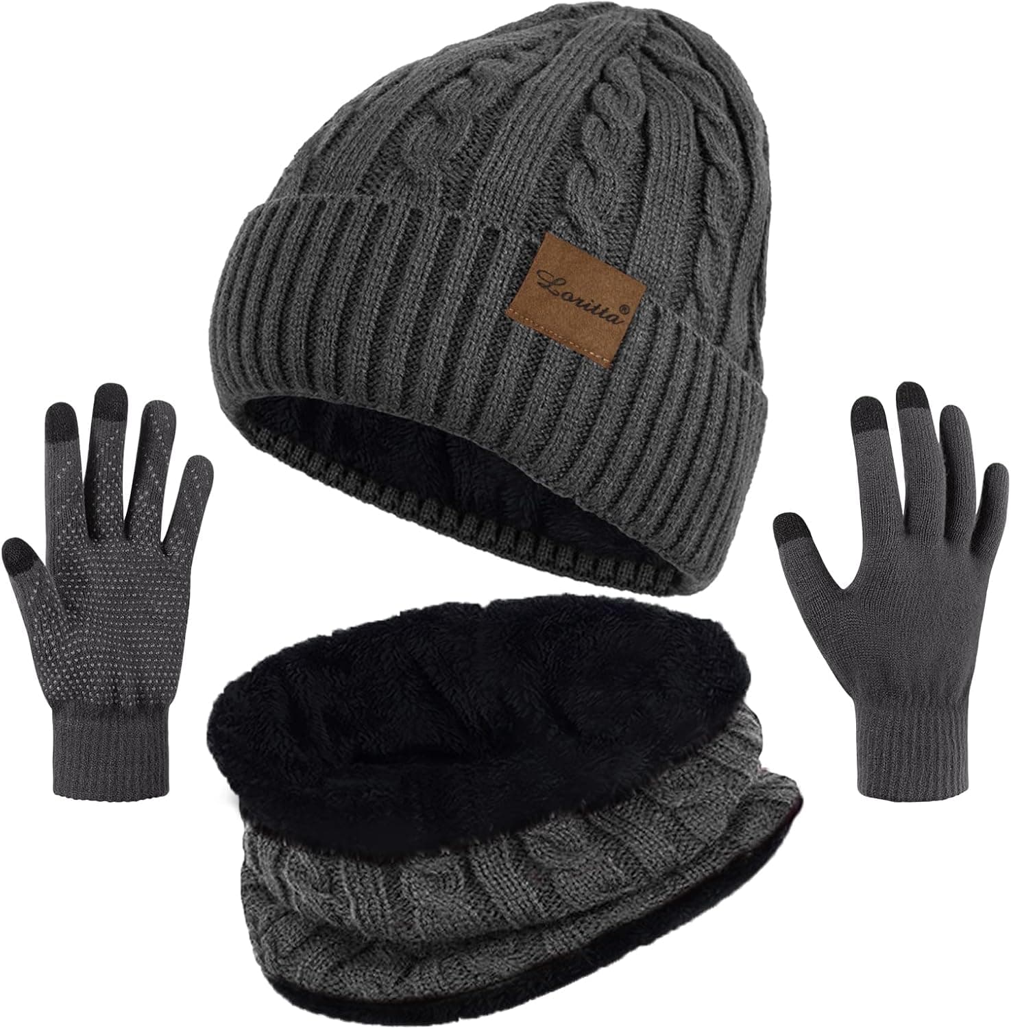 3 Pc Women's Winter Set, Beanie, Scarf & Touch Screen Gloves, Dark Gray