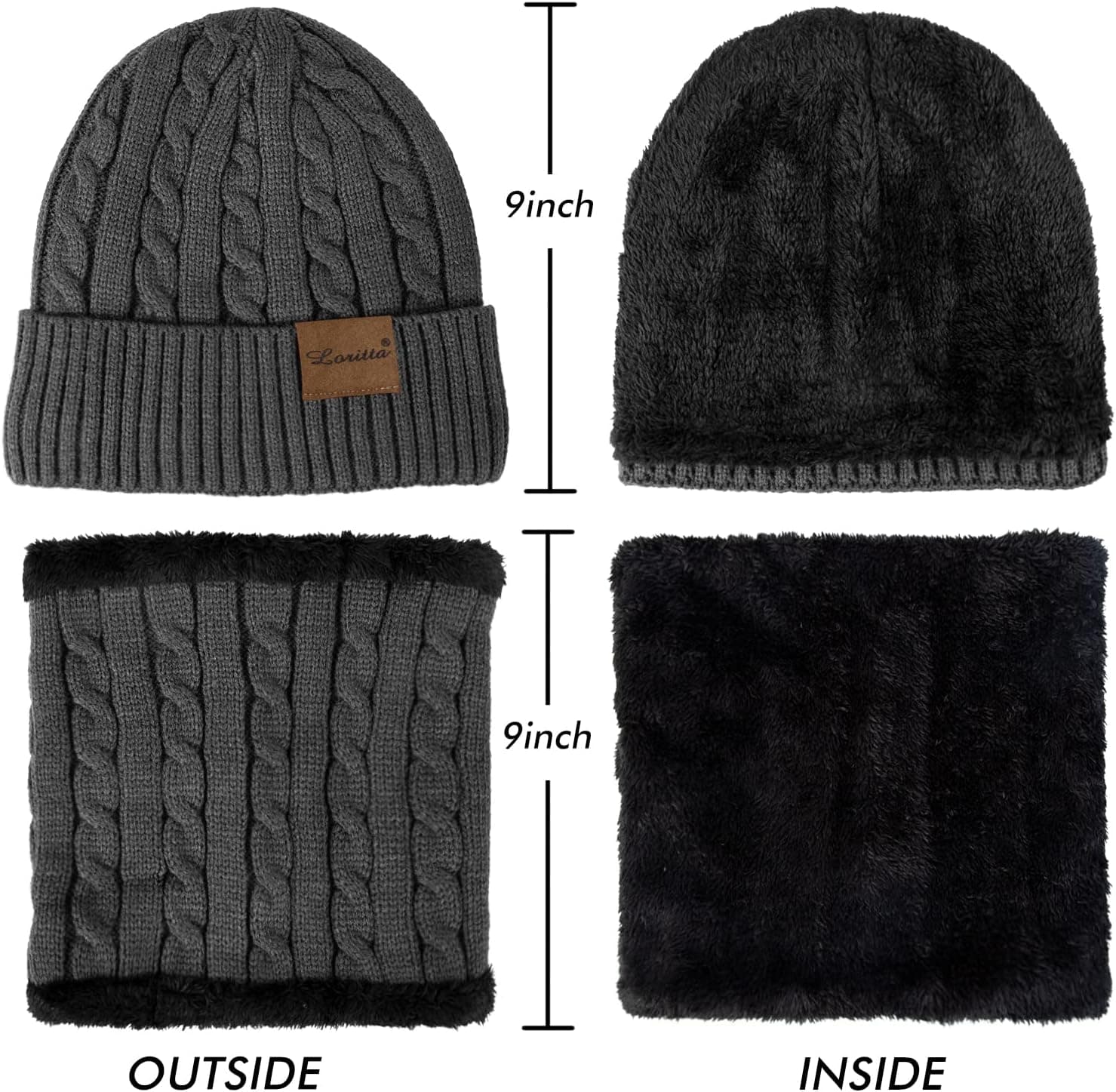 3 Pc Women's Winter Set, Beanie, Scarf & Touch Screen Gloves, Dark Gray — photo 3