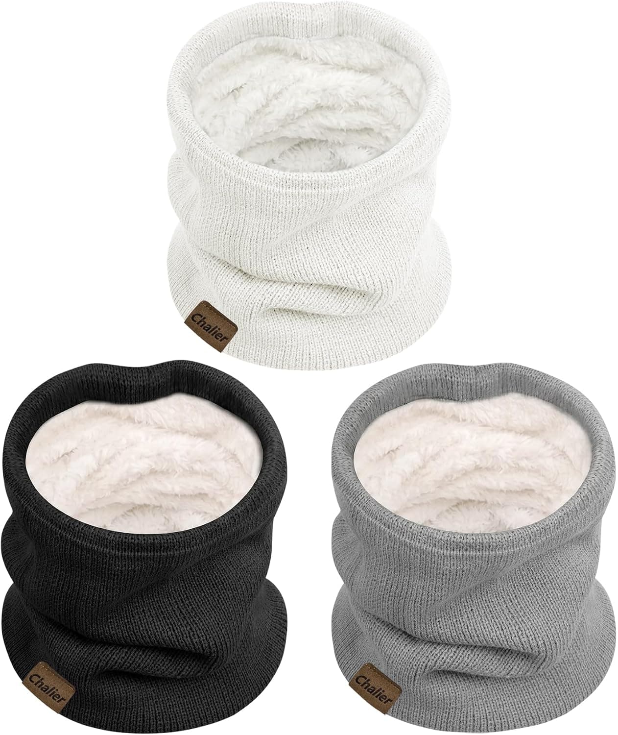 3 Pack Fleece Lined Neck Warmers, Thick Winter Infinity Scarves
