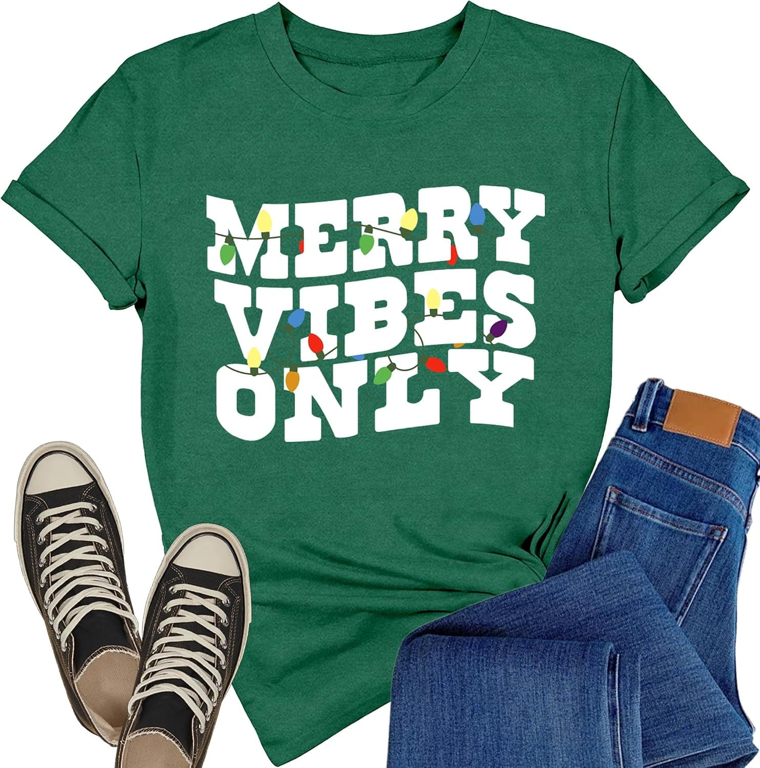 Women's Christmas Shirt, Merry Vibes Only Tee, Green