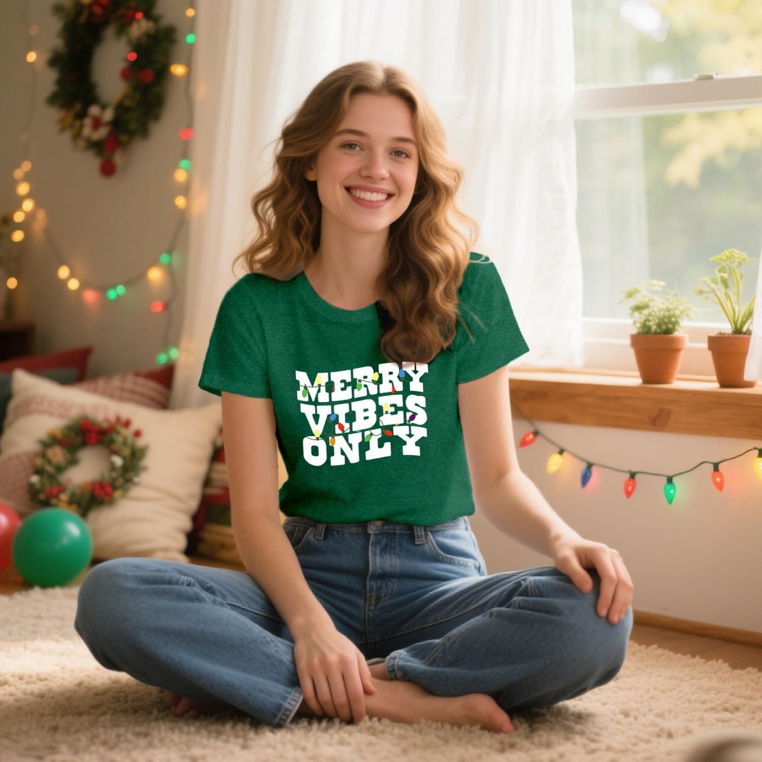 Women's Christmas Shirt, Merry Vibes Only Tee, Green — photo 3