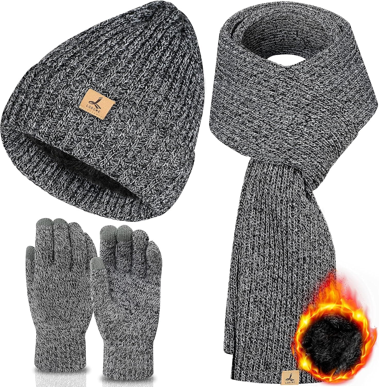3 Pc Men's Winter Set, Ribbed Beanie, Scarf & Gloves, Gray