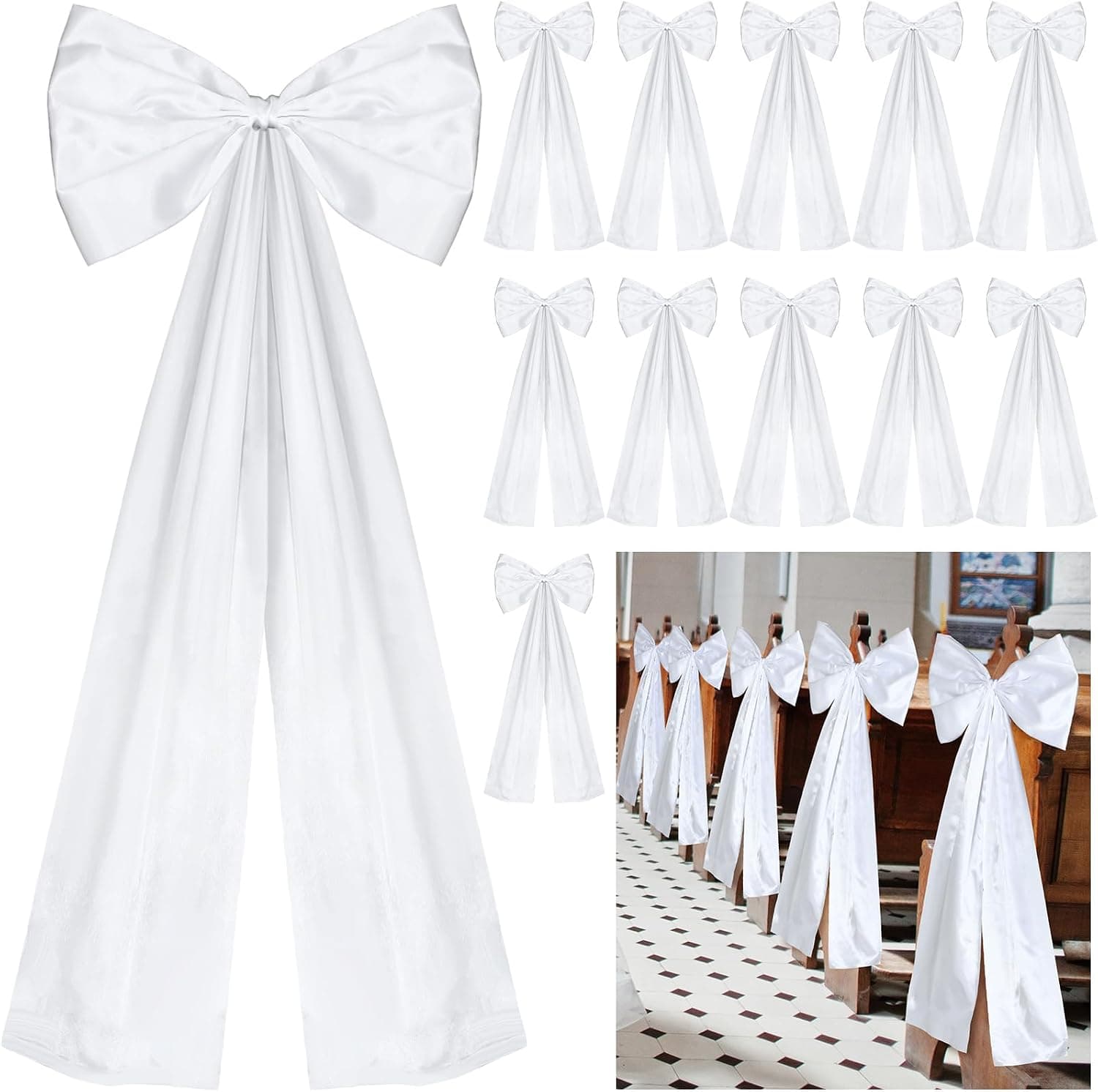 Large Wedding Pew Bows for Church Aisle, 24 Pcs, White