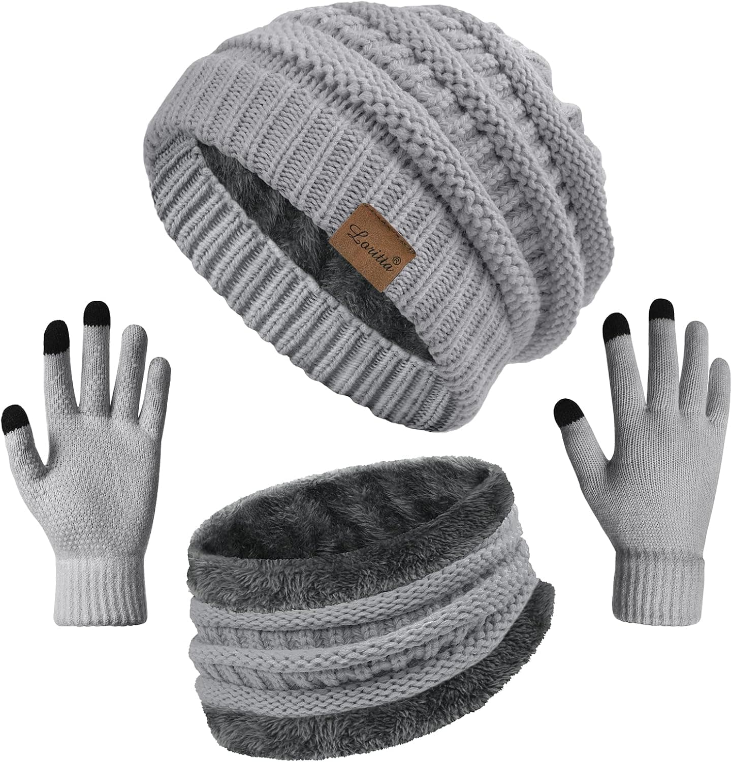 3 Pc Women's Winter Set, Beanie, Scarf & Touch Screen Gloves, Light Gray