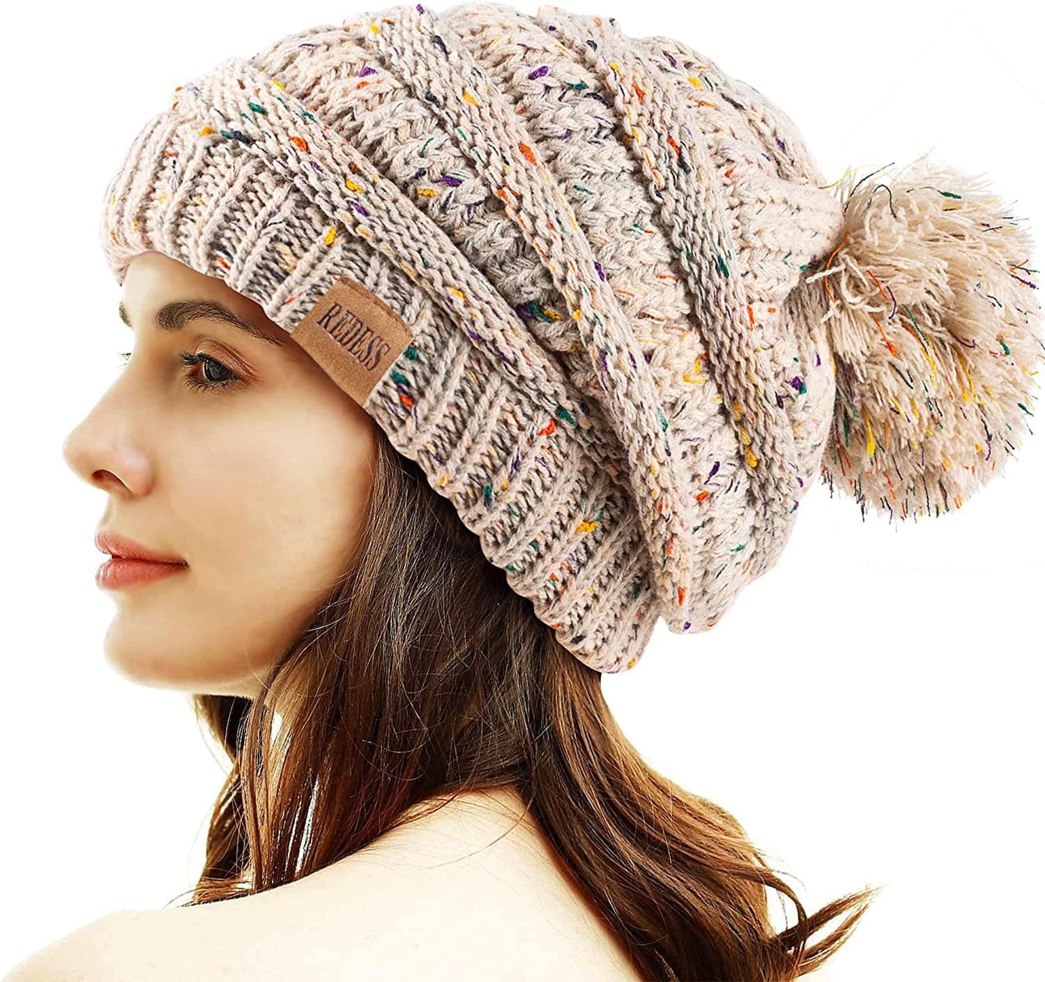Women's Pom Pom Beanie, Fleece Lined Winter Hat
