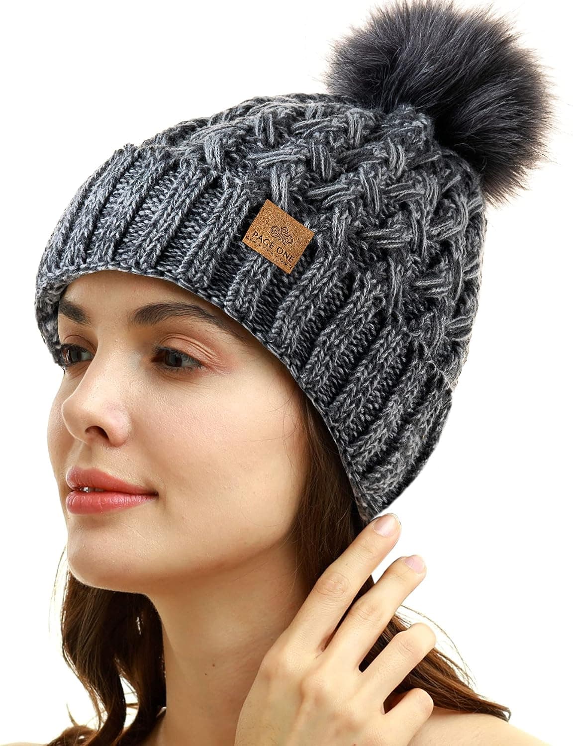 Women's Cable Knit Pom Pom Beanie, Fleece Lined, Gray — photo 2
