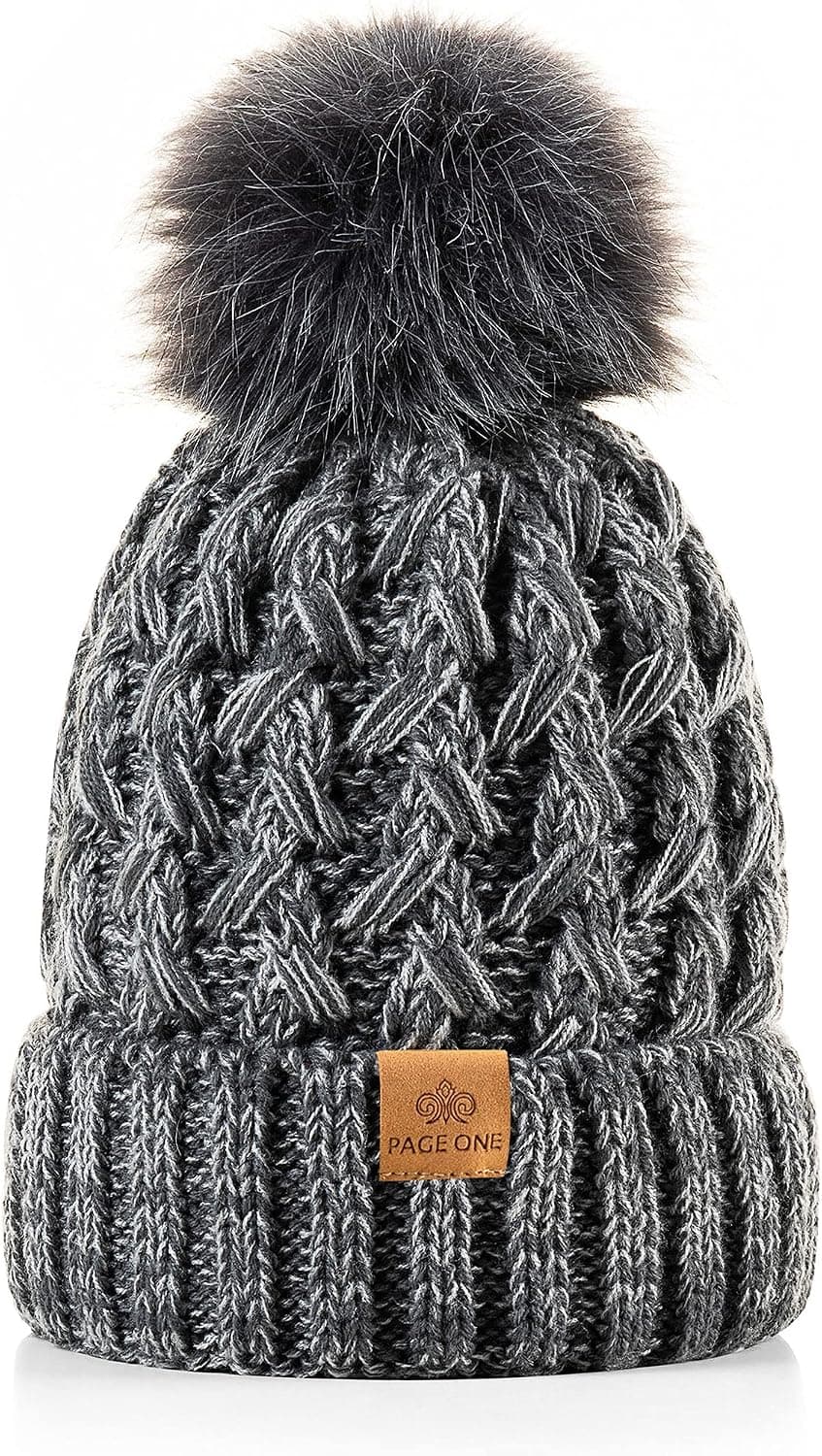 Women's Cable Knit Pom Pom Beanie, Fleece Lined, Gray