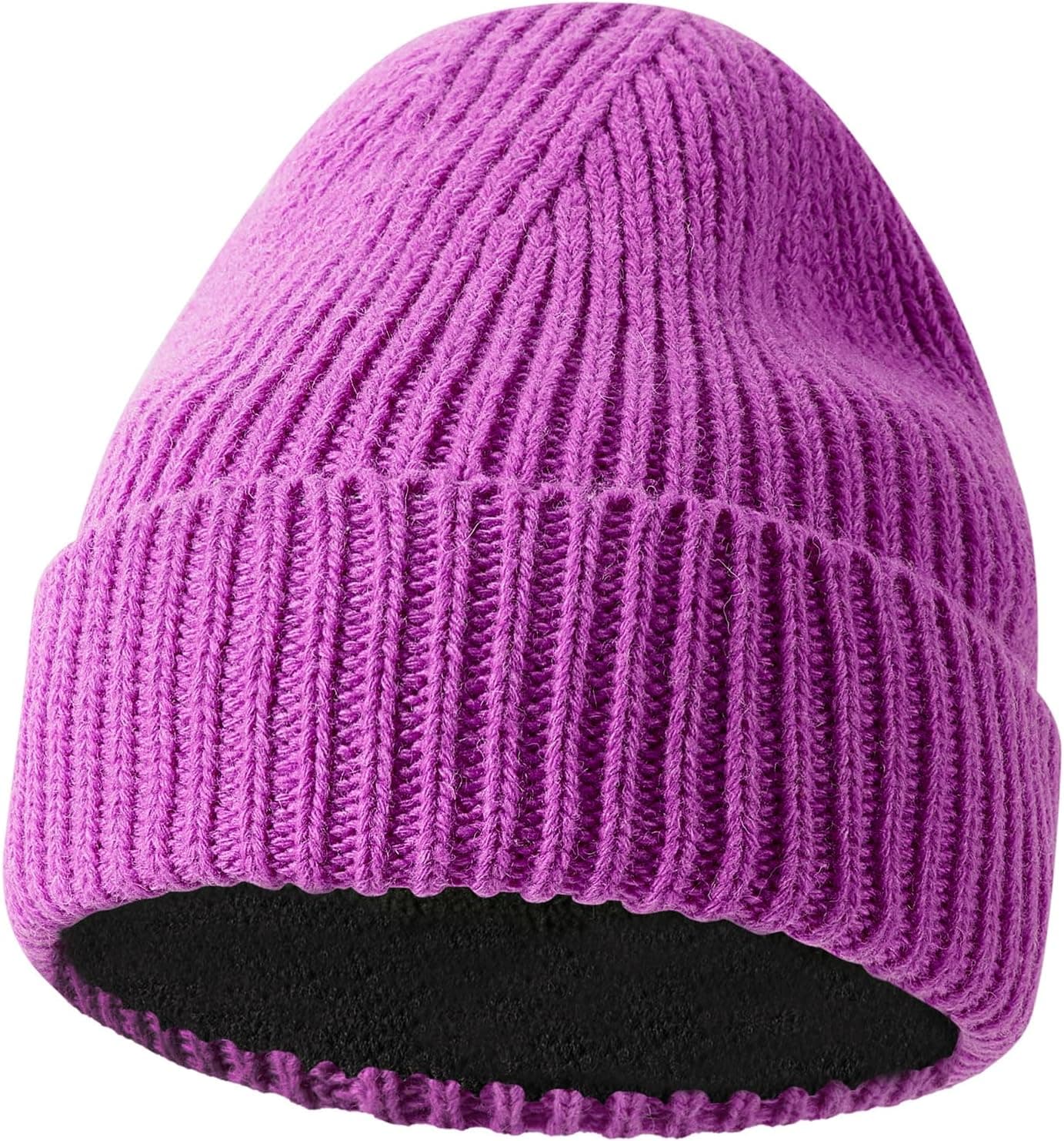 Unisex Wool Knit Cuffed Beanie, Fleece Lined, Purple