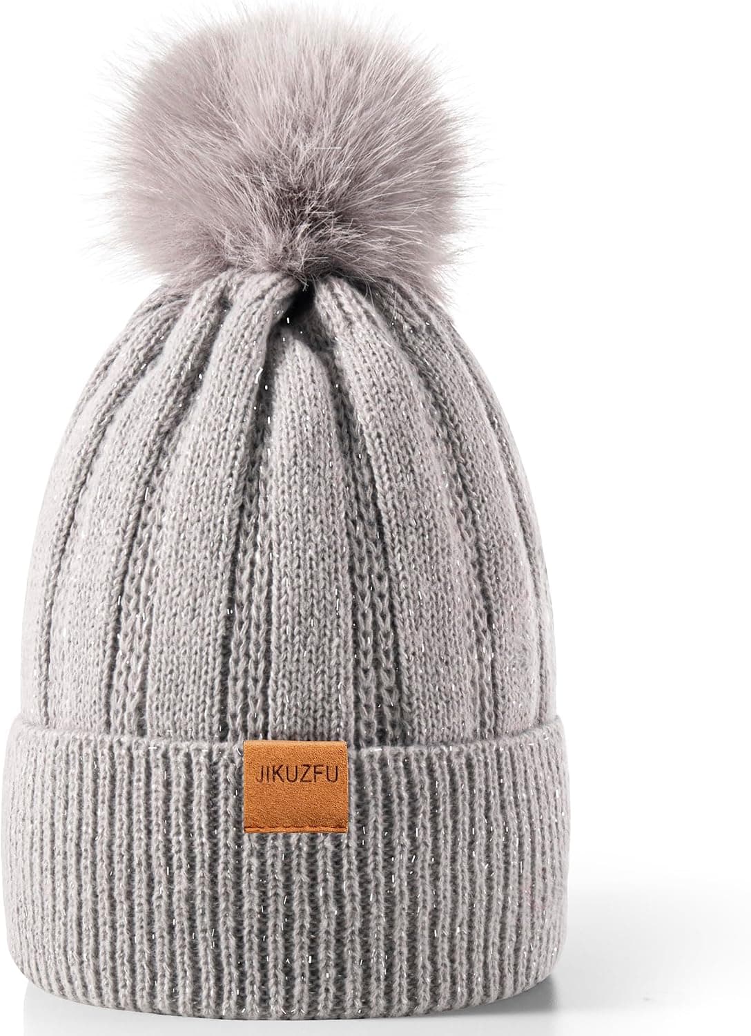 Women's Knit Beanie with Faux Fur Pom Pom, Gray
