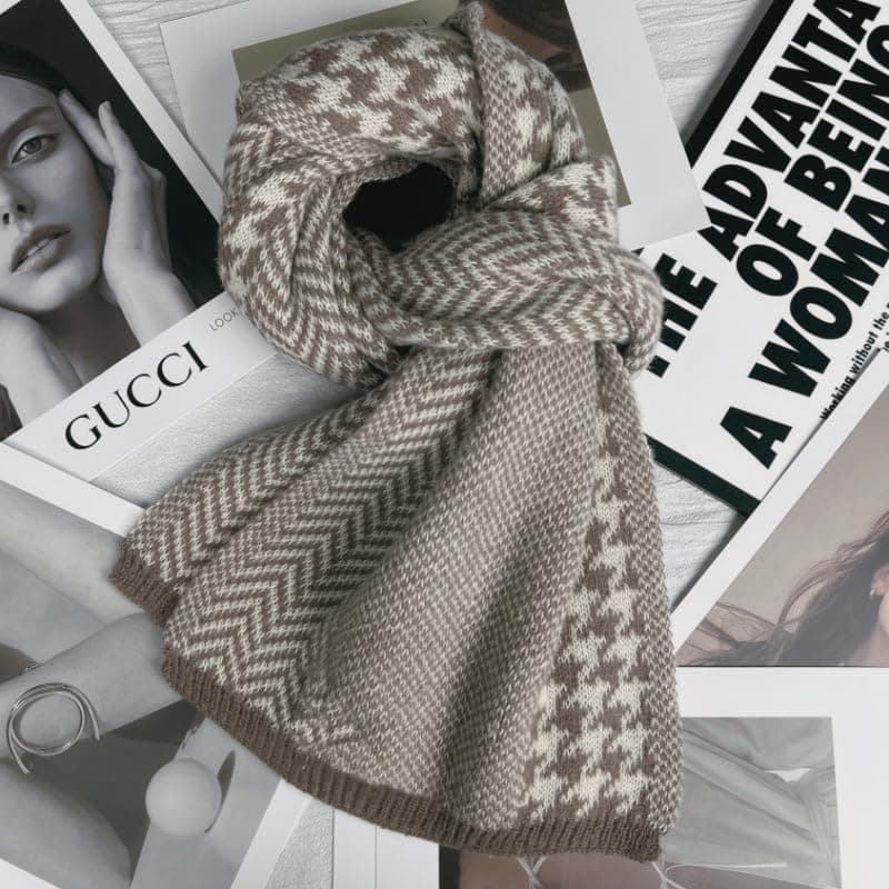 Women's Houndstooth Winter Scarf, 14 x 64 in, Beige & Khaki — photo 3