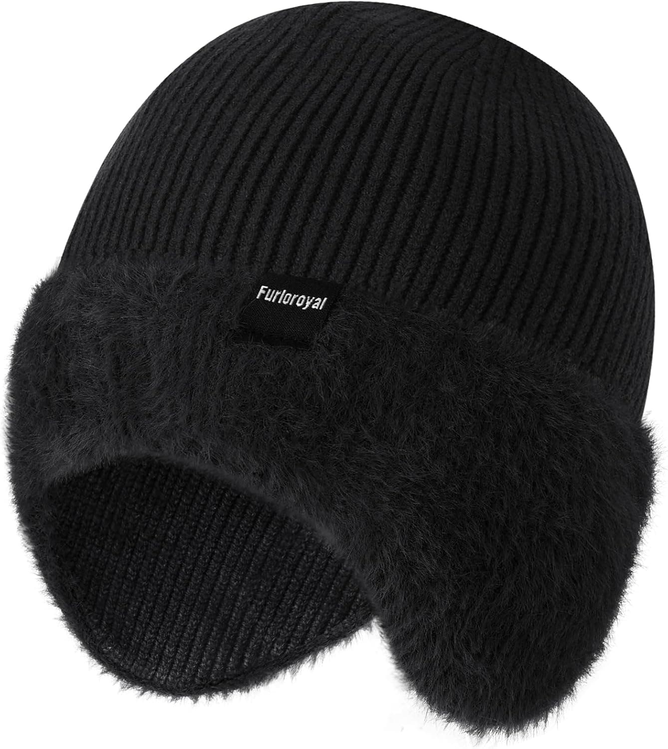 Fleece Lined Knit Beanie with Ear Flaps, Black