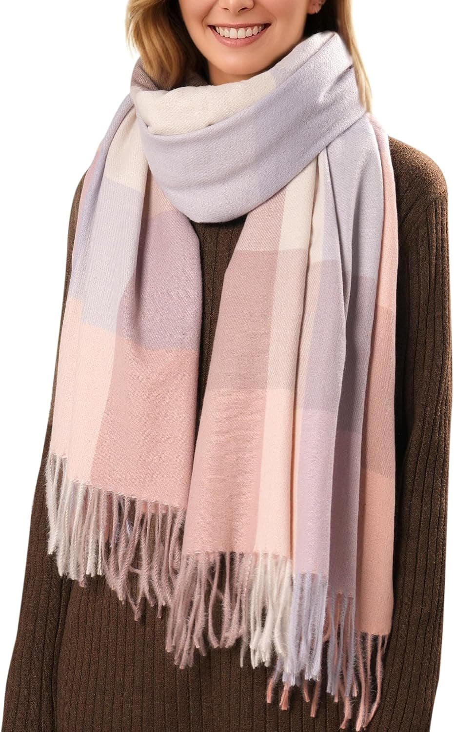 Women's Oversized Chunky Plaid Winter Scarf, Pink