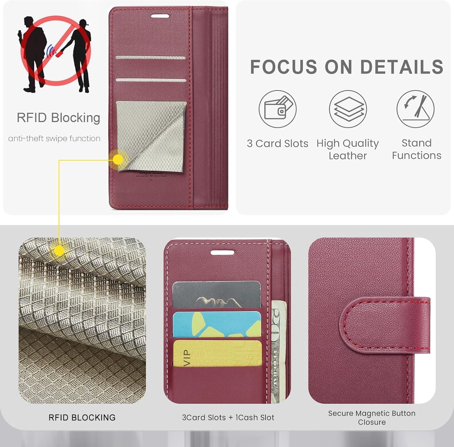 Wallet Case for iPhone 15 Pro 6.1 in, RFID Card Holder, Red — photo 2