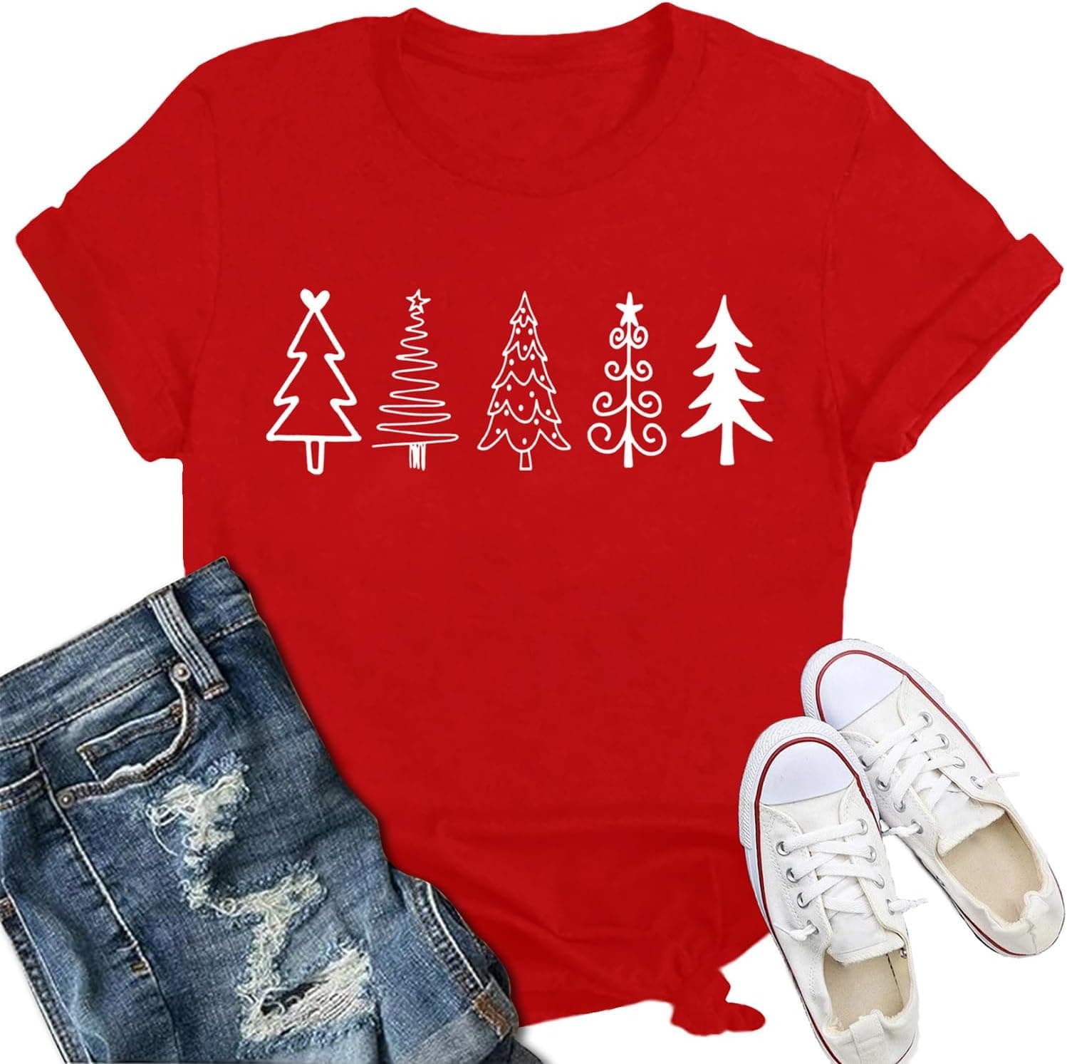 Women's Christmas Tree Graphic Tee, Red