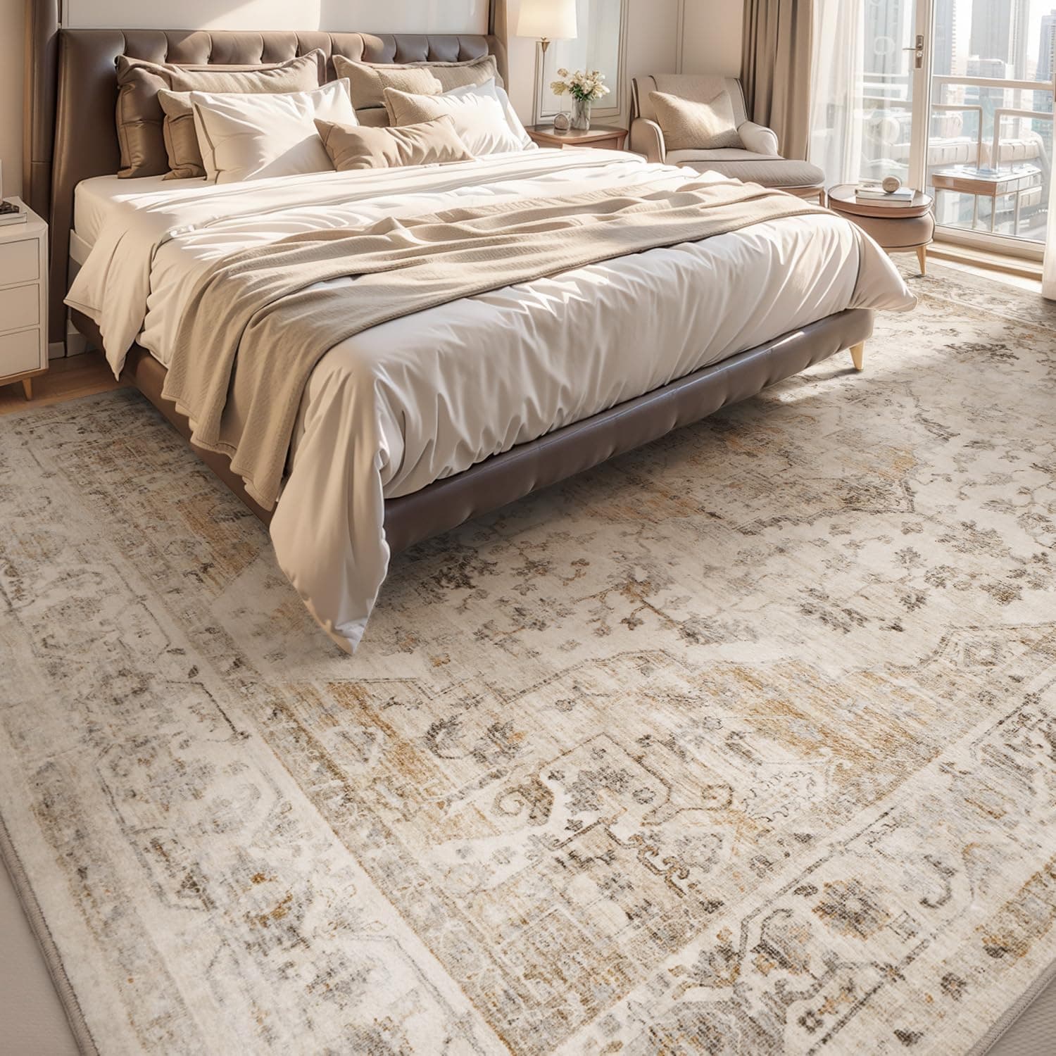9 x 12 ft Vintage Area Rug, Non-Slip, Soft Beige