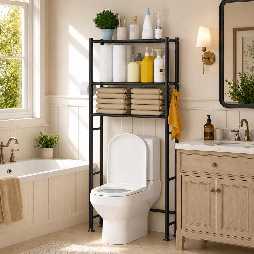 3-Tier Over The Toilet Storage Cabinet with Paper Holder and 4 Hooks