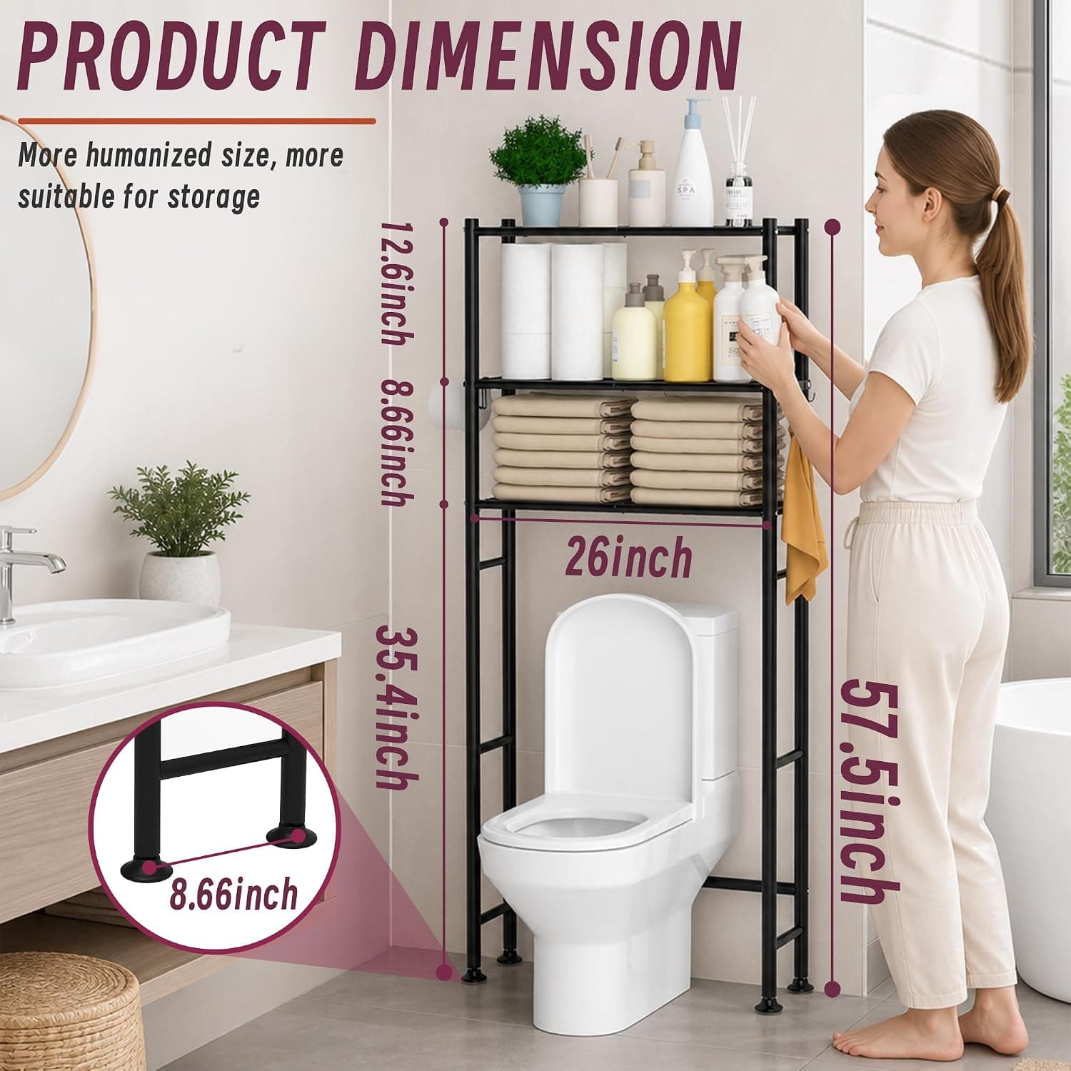 3-Tier Over The Toilet Storage Cabinet with Paper Holder and 4 Hooks — photo 2