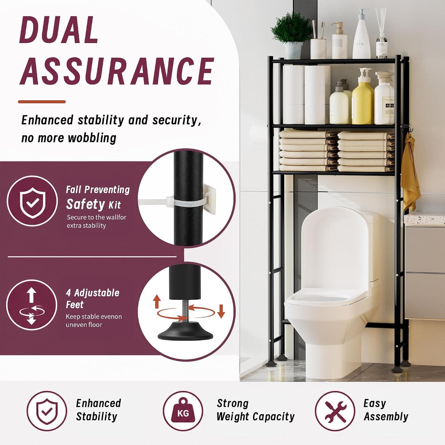 3-Tier Over The Toilet Storage Cabinet with Paper Holder and 4 Hooks — photo 3