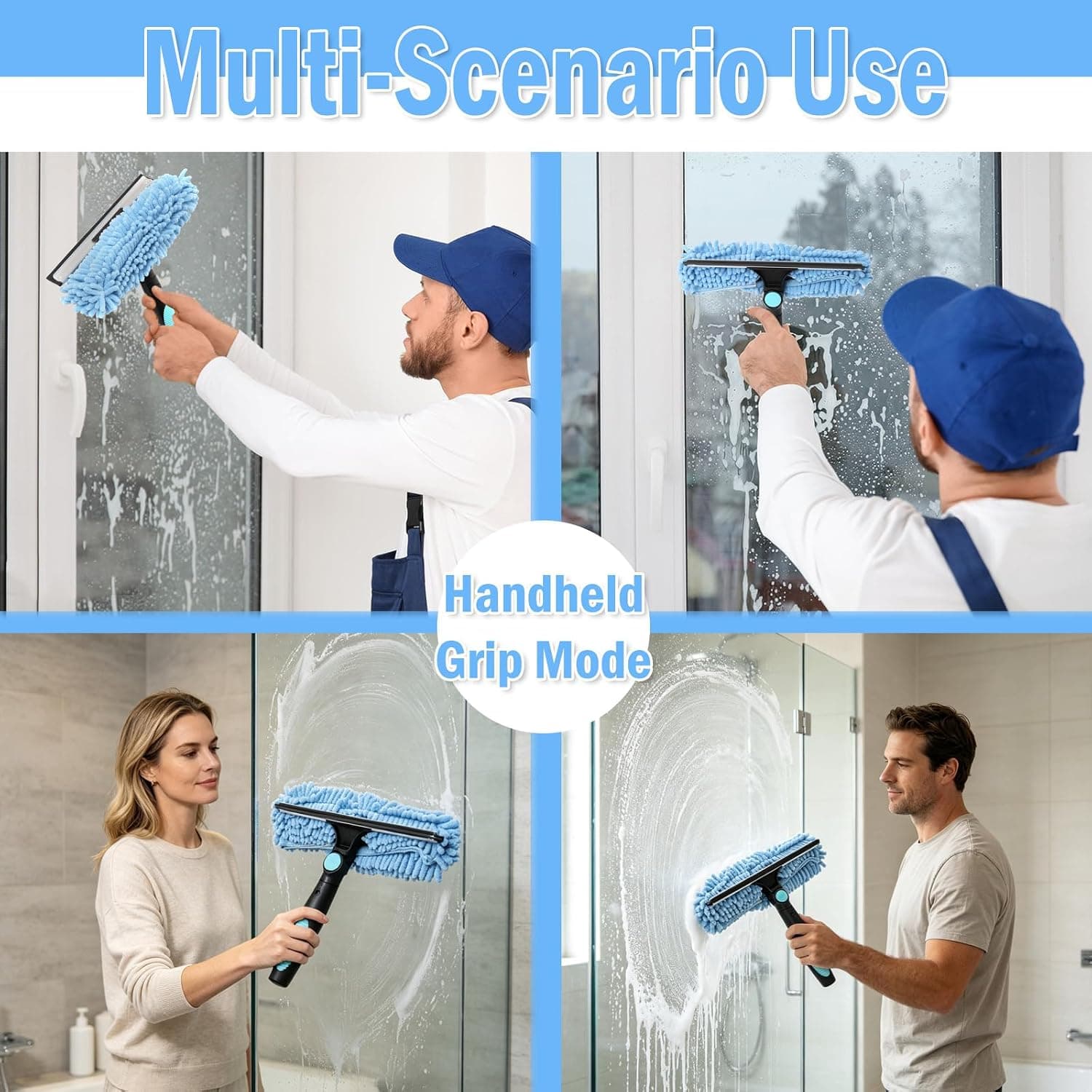 2-in-1 Window Squeegee and Scrubber with Extension Pole, 180° Rotating Head — photo 3