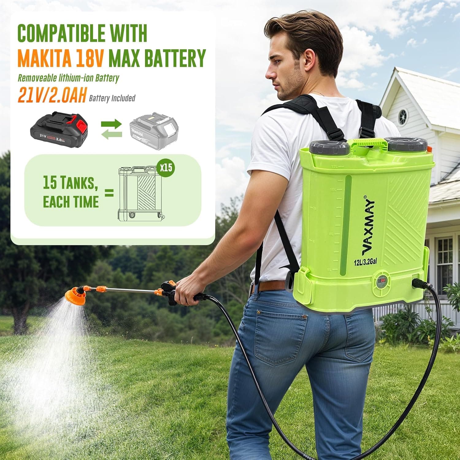 Battery Powered Backpack Sprayer, 3.2 Gallon, Fits Makita 18V Batteries — photo 2