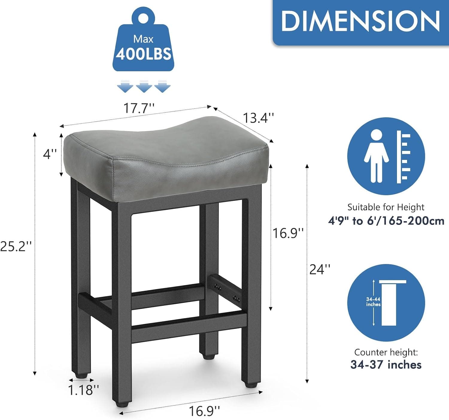 Bonded Leather Counter Height Bar Stools, 24 in, Square, Set of 2, Gray — photo 2