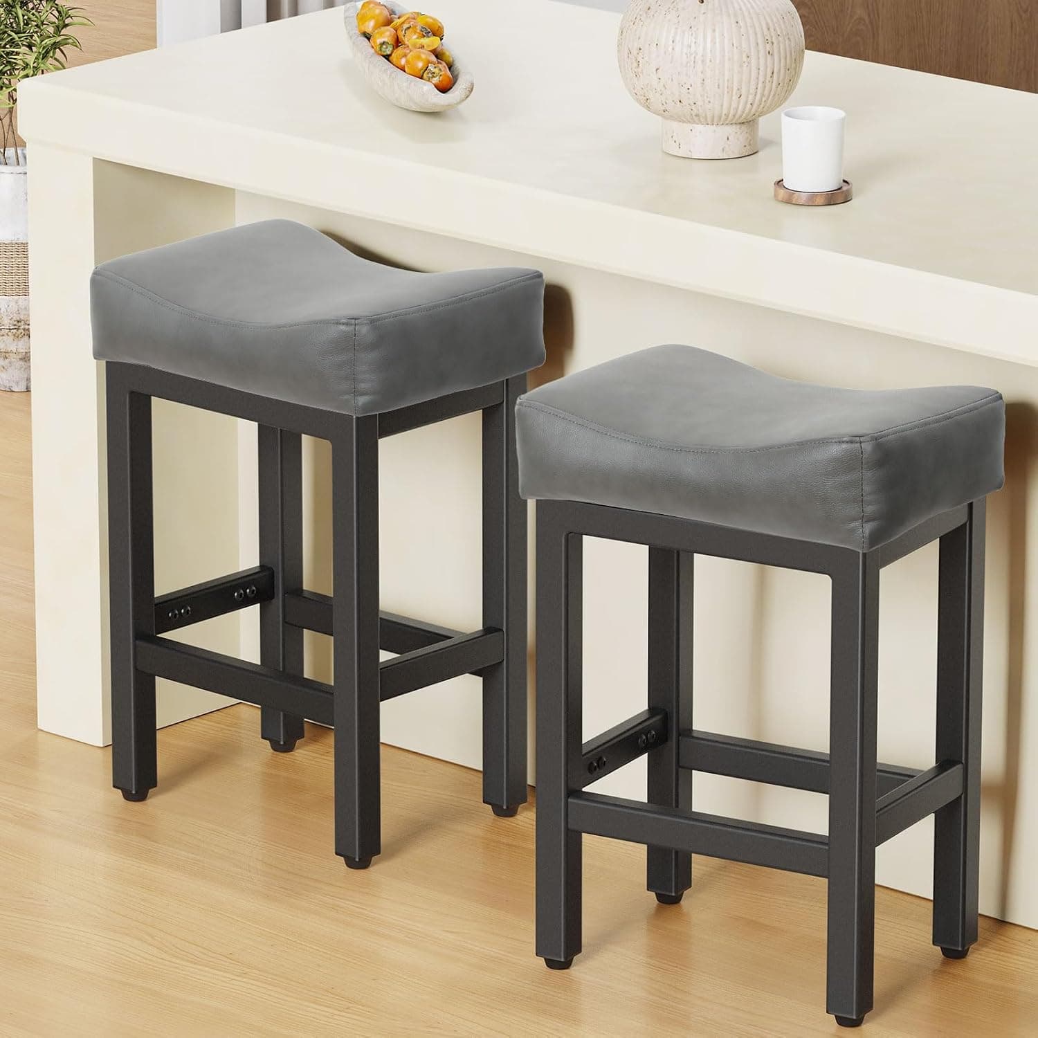 Bonded Leather Counter Height Bar Stools, 24 in, Square, Set of 2, Gray