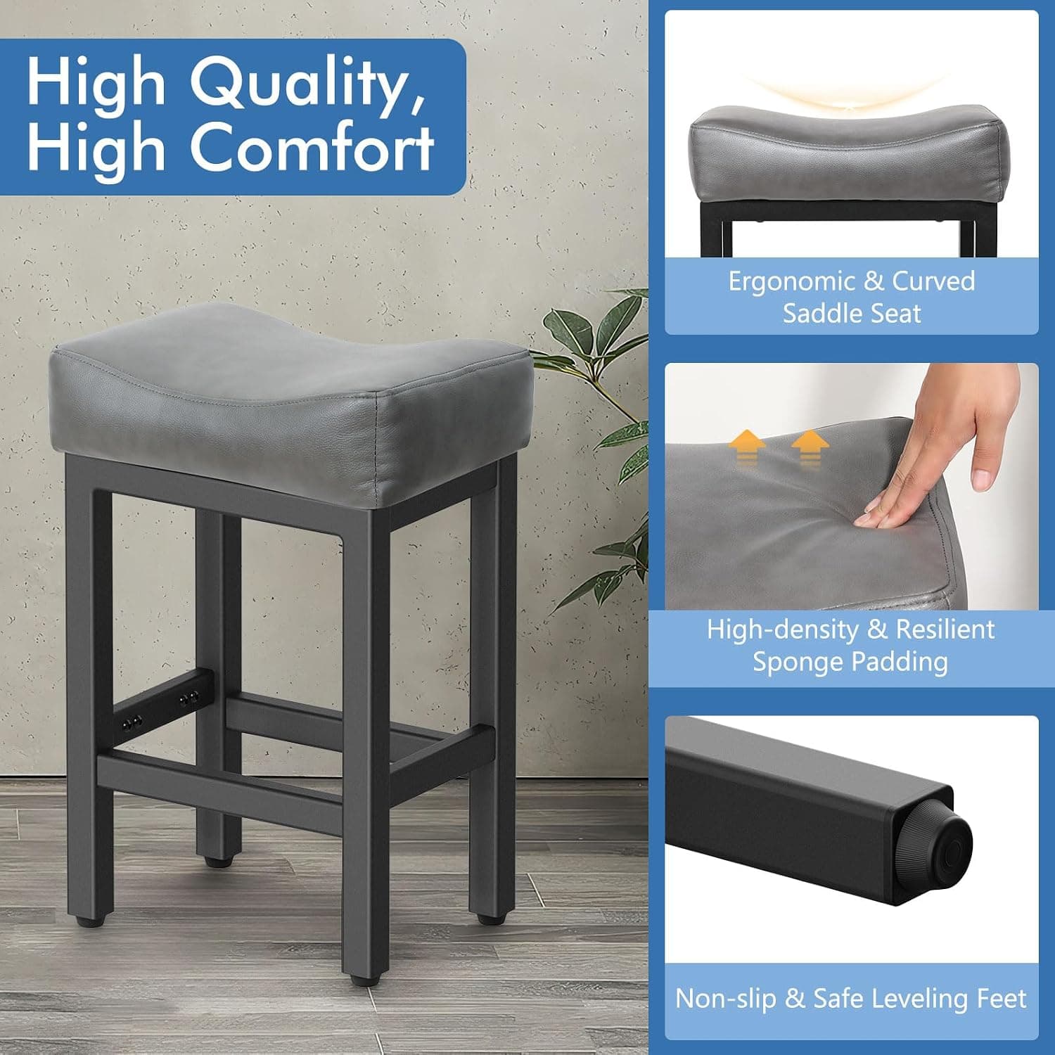 Bonded Leather Counter Height Bar Stools, 24 in, Square, Set of 2, Gray — photo 3