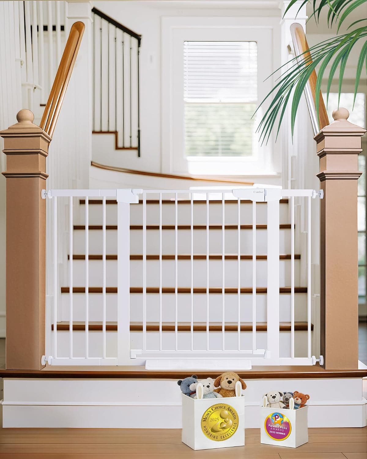 Auto-Close Baby Gate for Stairs, Fits 30-48 in, White