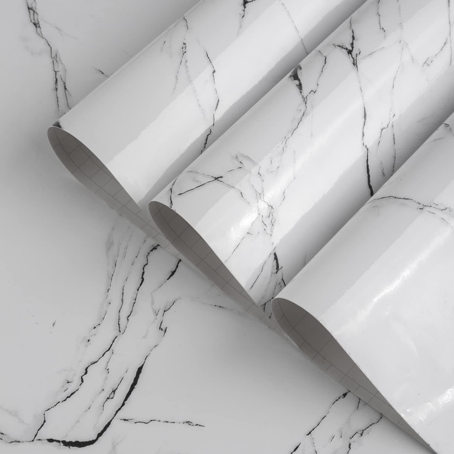 Peel and Stick Black and White Marble Wallpaper, Glossy, 31.5 x 157 in