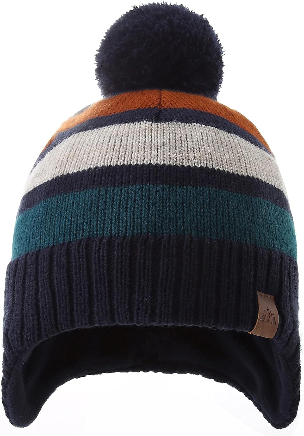 Toddler Boys Fleece Lined Winter Beanie with Earflaps and Pom, Striped