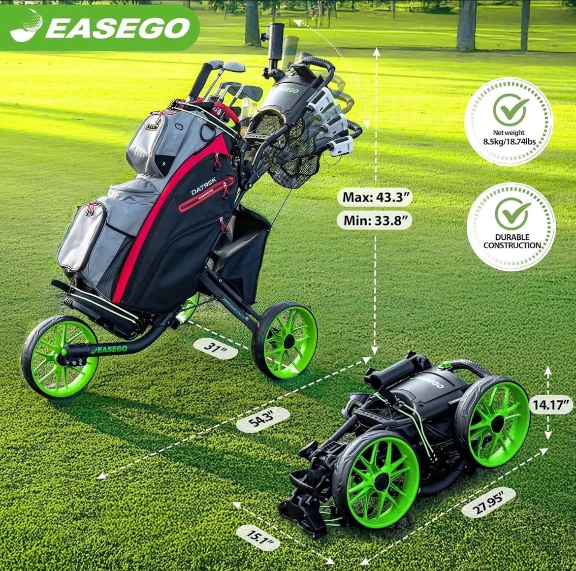 3-Wheel Golf Push Cart with 360° Swivel Front Wheel, Phone, Cup and Umbrella Holders — photo 2